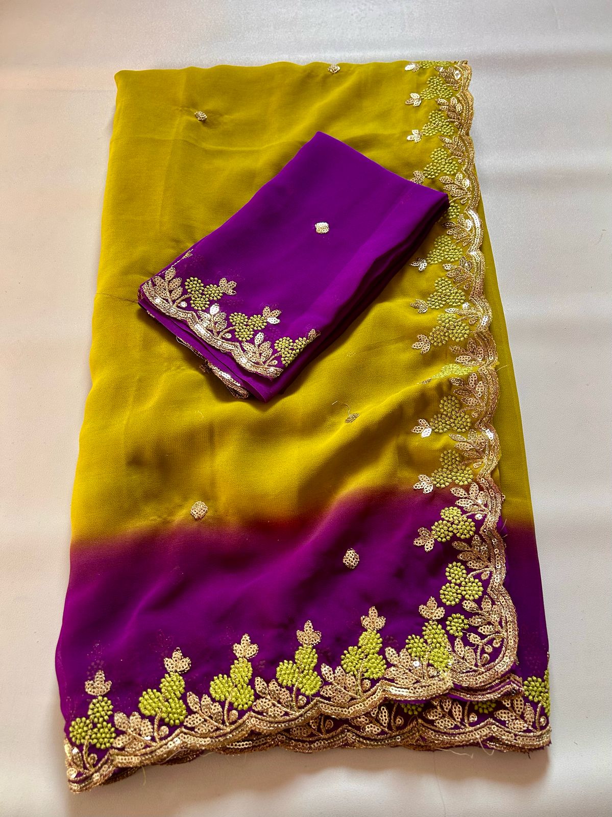 New Wedding Wear Purple n Mustard Pedding Color Soft Chiffon Silk Sequence Work Fancy Designer Saree With Blouse