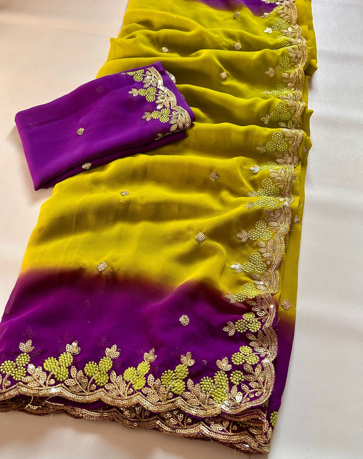 New Wedding Wear Purple n Mustard Pedding Color Soft Chiffon Silk Sequence Work Fancy Designer Saree With Blouse
