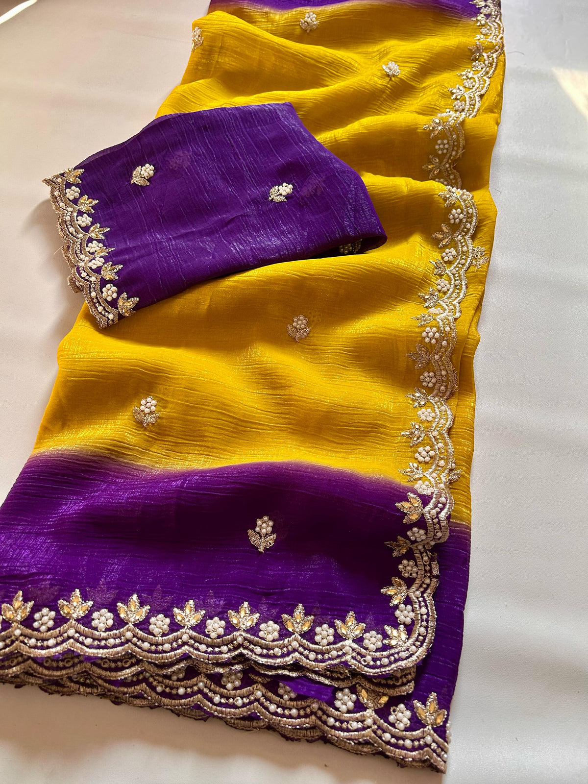 New Partywear Satin Chiffon Embroidery n Diamond Work Fancy Designer Saree With Blouse