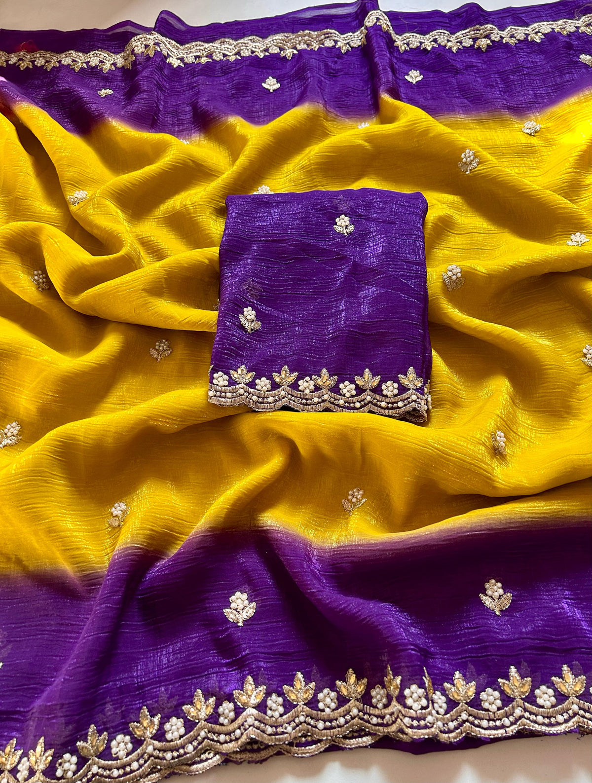 New Partywear Satin Chiffon Embroidery n Diamond Work Fancy Designer Saree With Blouse