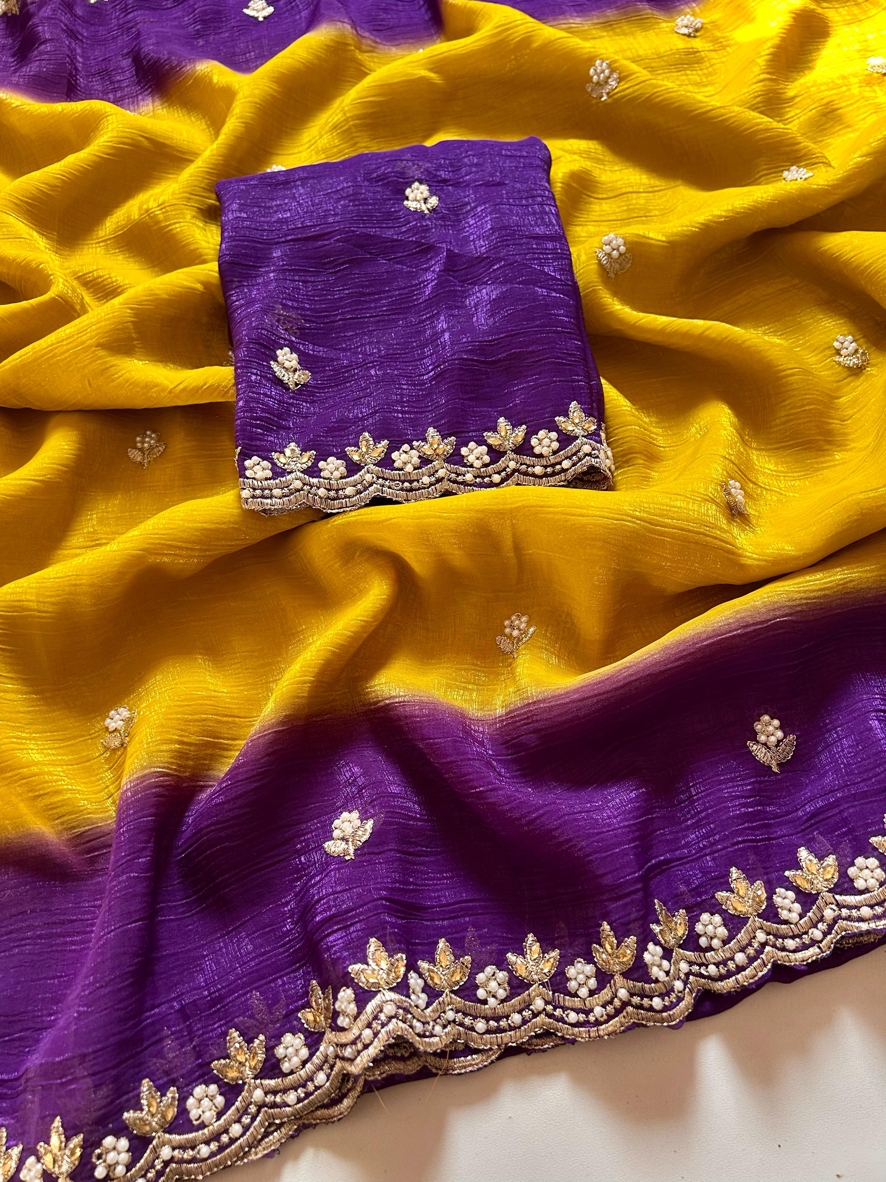 New Partywear Satin Chiffon Embroidery n Diamond Work Fancy Designer Saree With Blouse