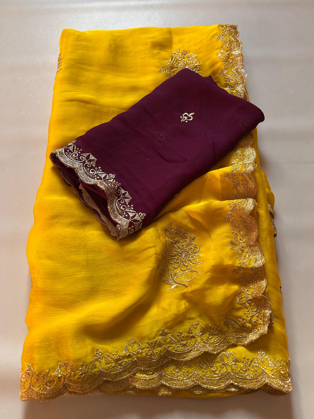 Latest Crunchy Chiffon Silk Yellow Color Embroidery n Cut Work Partywear Fancy Designer Saree With Blouse