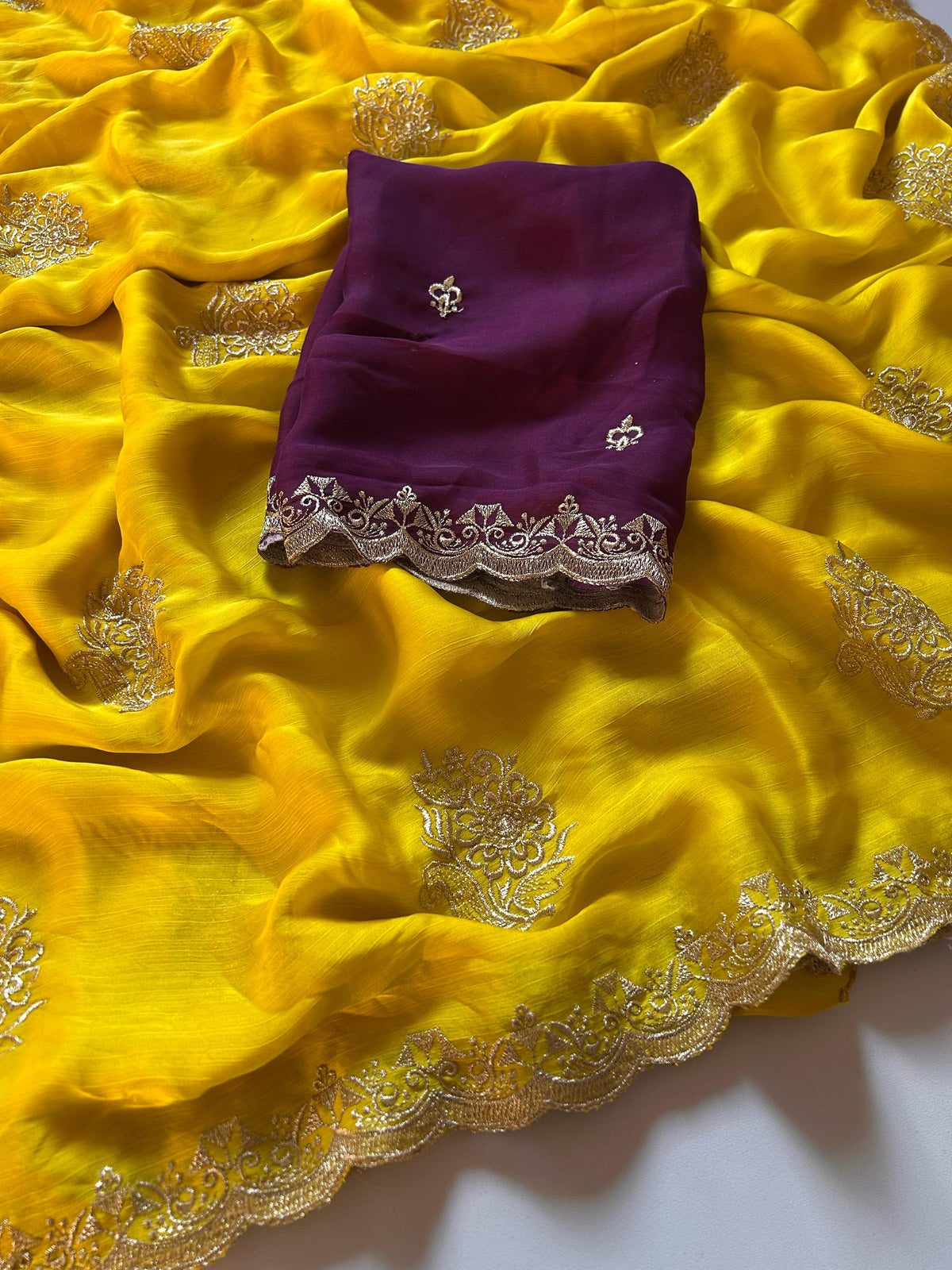 Latest Crunchy Chiffon Silk Yellow Color Embroidery n Cut Work Partywear Fancy Designer Saree With Blouse