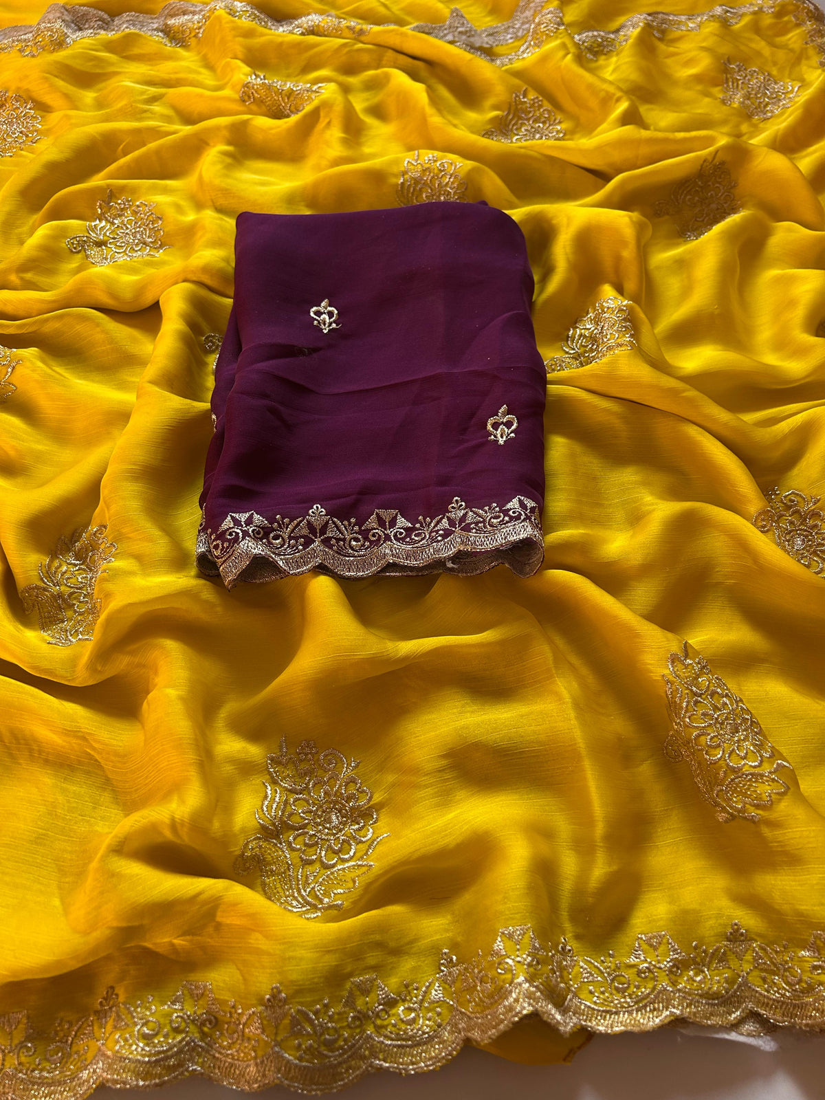 Latest Crunchy Chiffon Silk Yellow Color Embroidery n Cut Work Partywear Fancy Designer Saree With Blouse