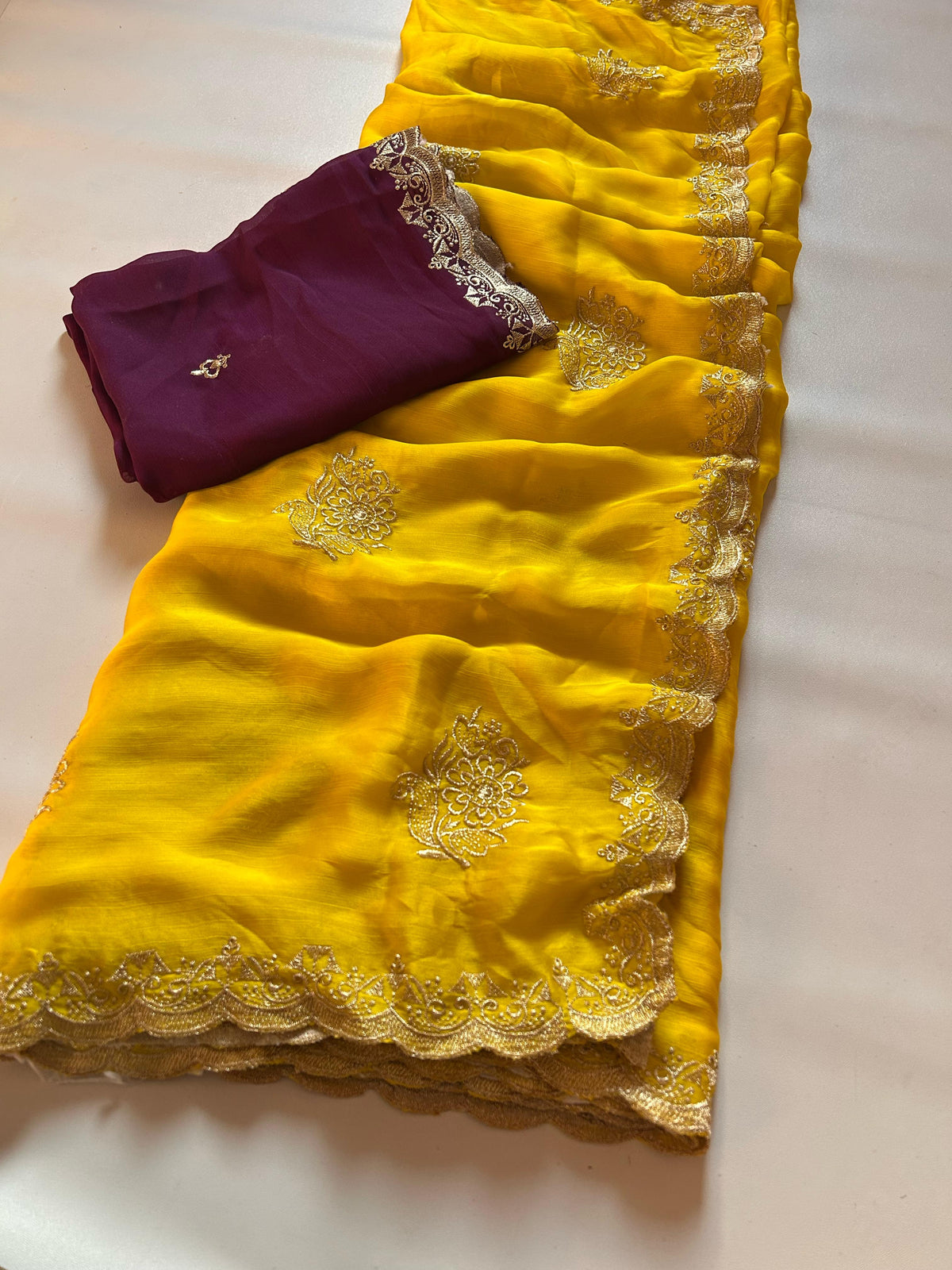 Latest Crunchy Chiffon Silk Yellow Color Embroidery n Cut Work Partywear Fancy Designer Saree With Blouse