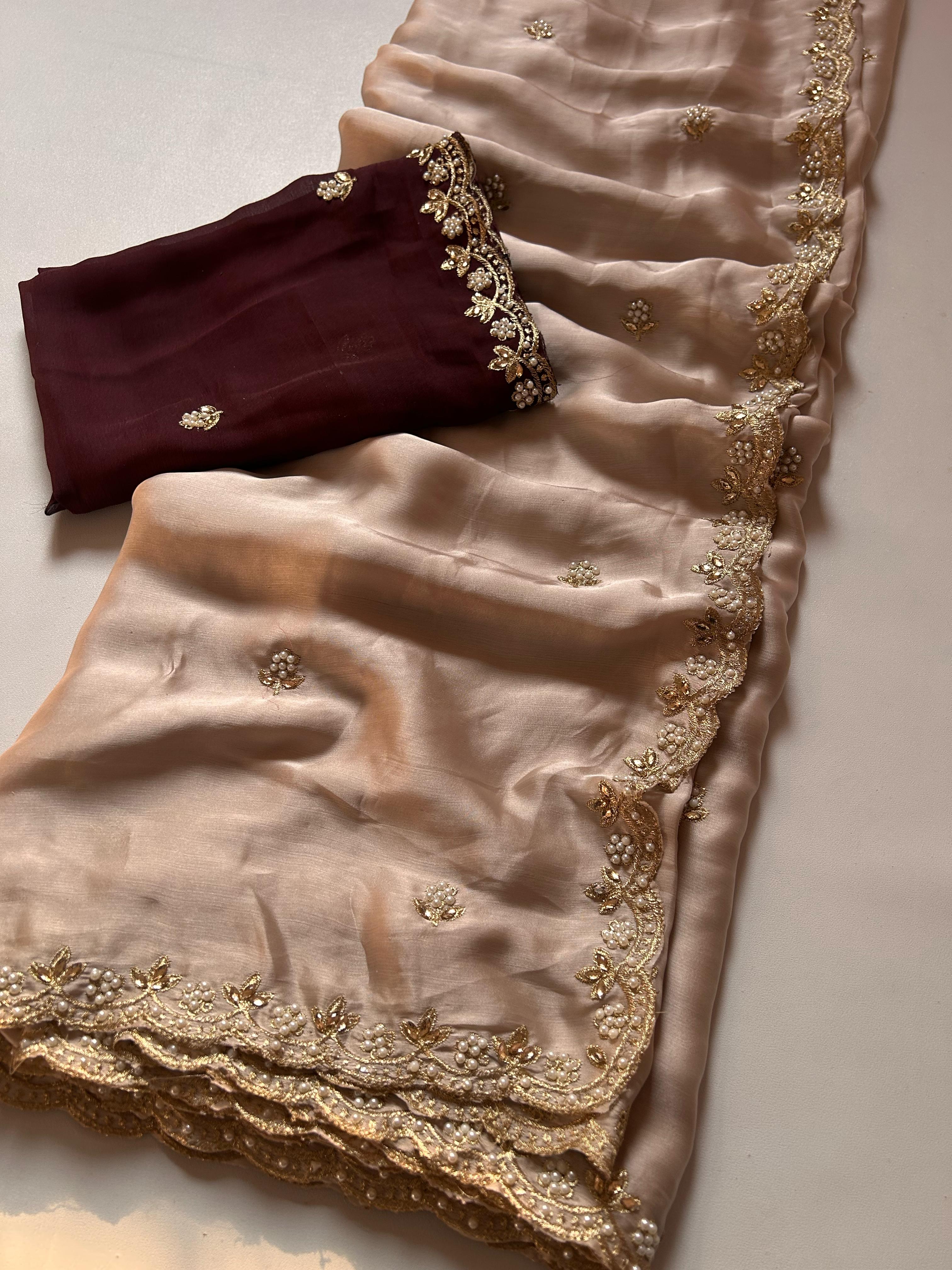 New Crush Chiffon Silk Embroidery n Diamond Work Partywear Fancy Designer Saree With Blouse
