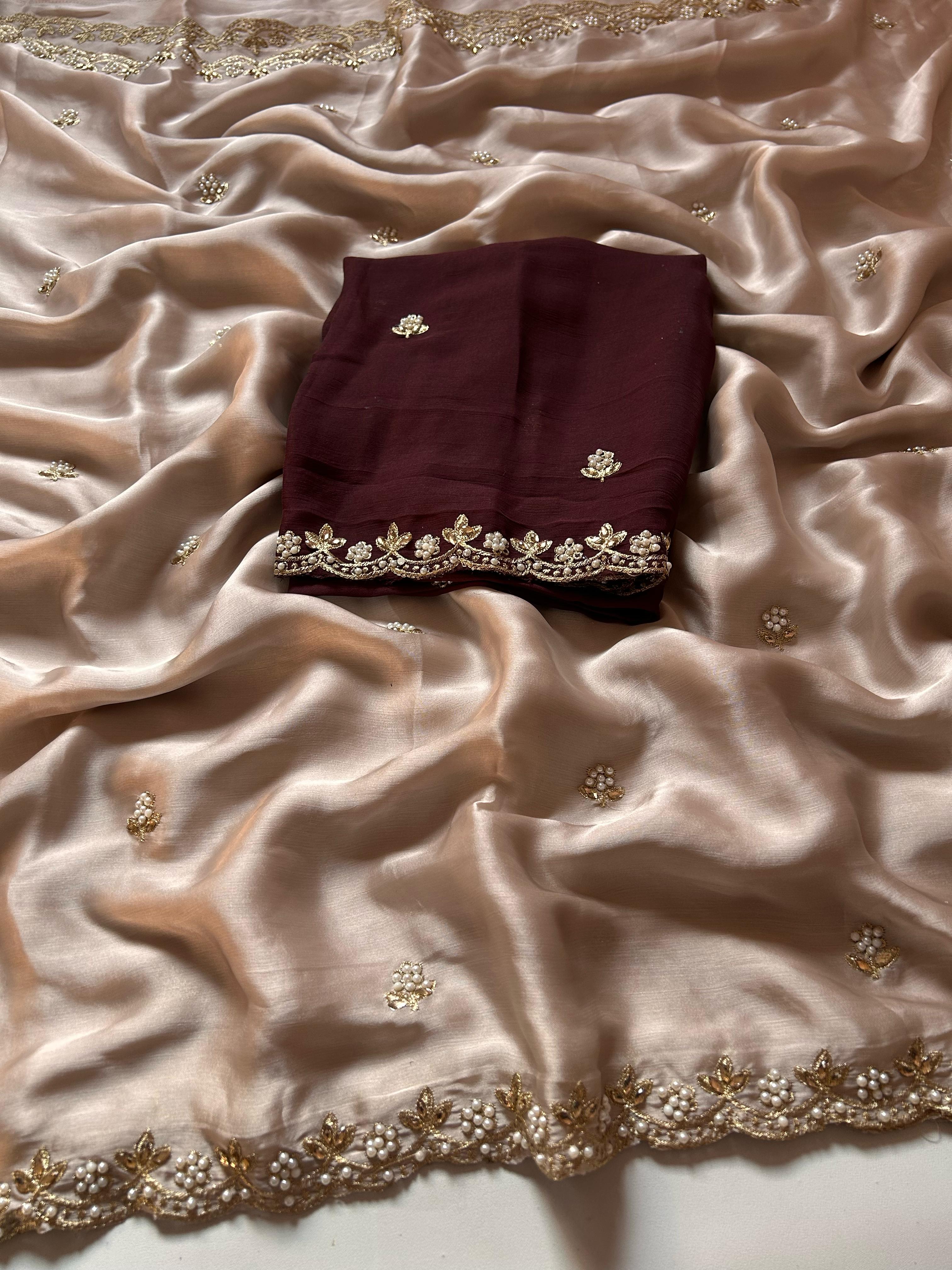New Crush Chiffon Silk Embroidery n Diamond Work Partywear Fancy Designer Saree With Blouse