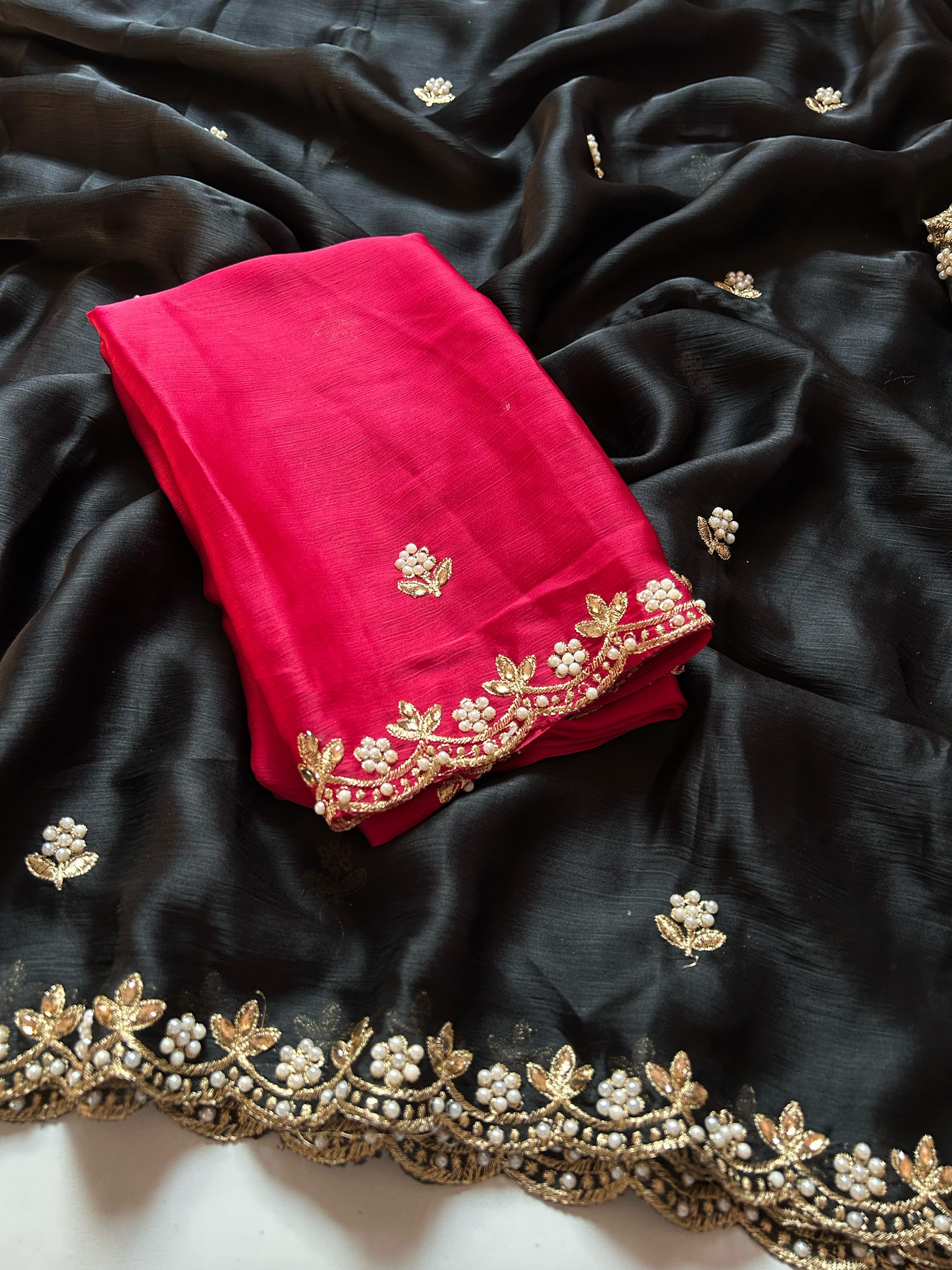 New Crush Chiffon Silk Embroidery n Diamond Work Partywear Fancy Designer Saree With Blouse