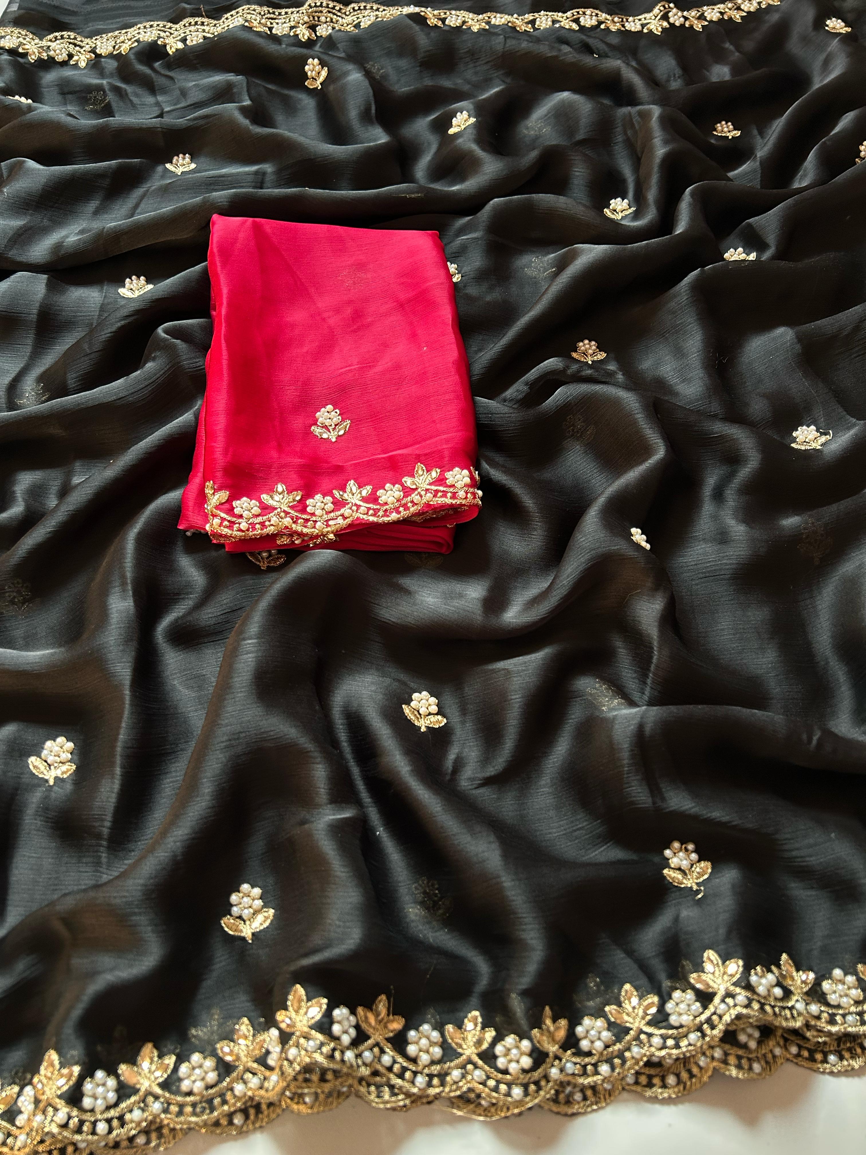 New Crush Chiffon Silk Embroidery n Diamond Work Partywear Fancy Designer Saree With Blouse