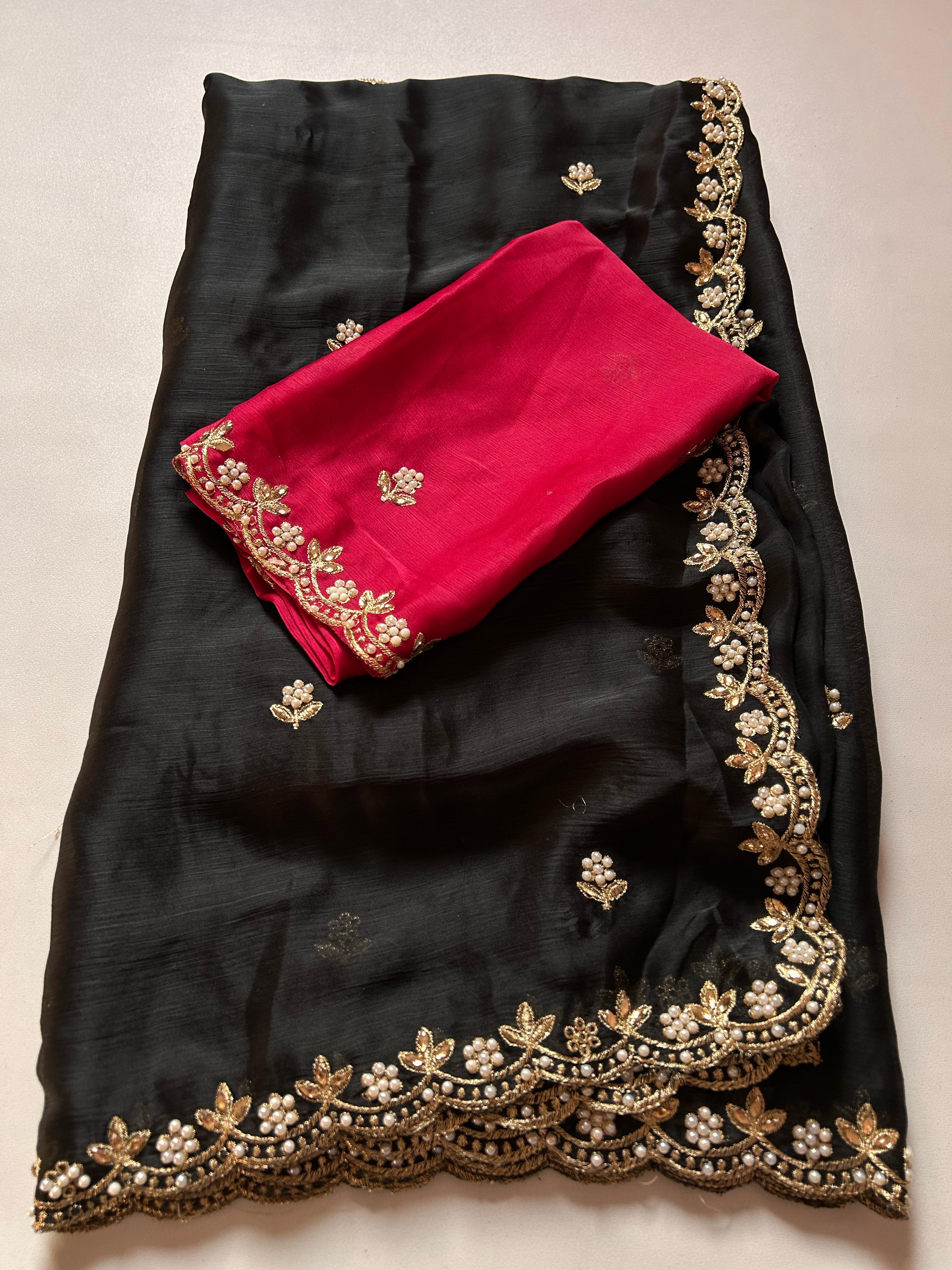 New Crush Chiffon Silk Embroidery n Diamond Work Partywear Fancy Designer Saree With Blouse