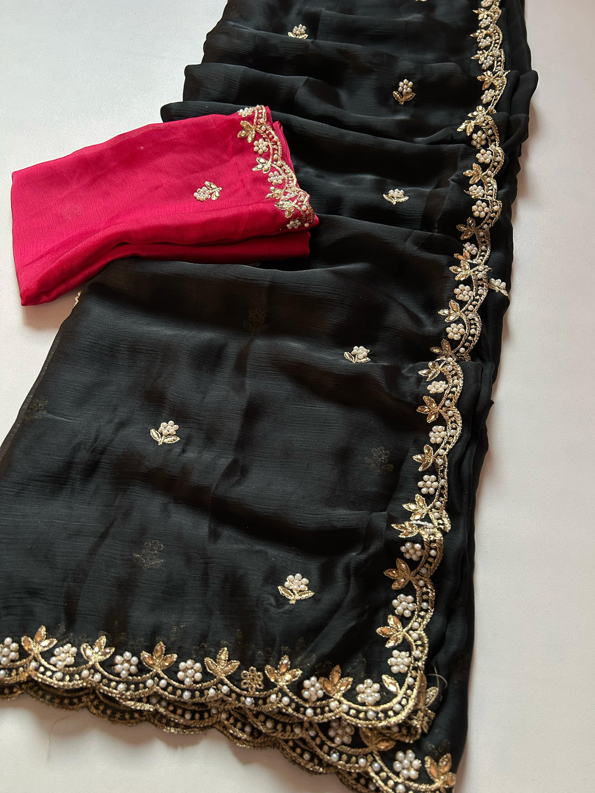 New Crush Chiffon Silk Embroidery n Diamond Work Partywear Fancy Designer Saree With Blouse