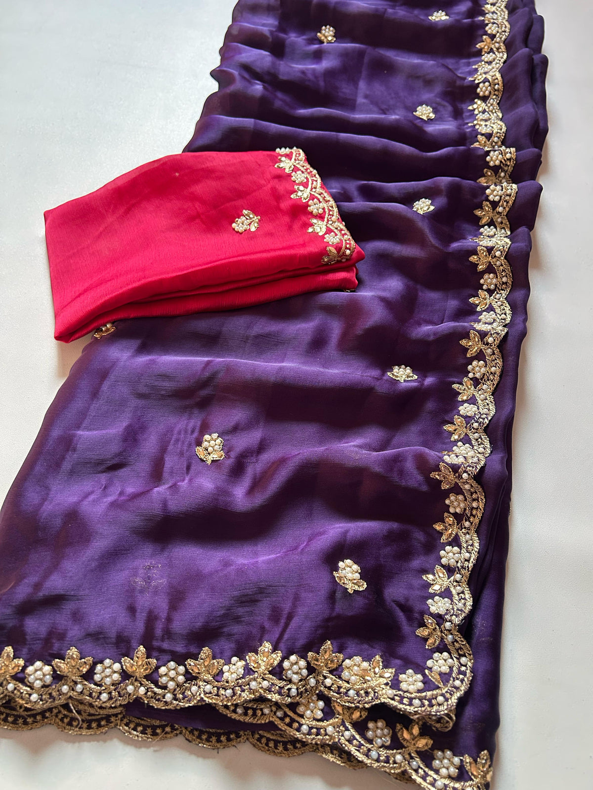 New Crush Chiffon Silk Embroidery n Diamond Work Partywear Fancy Designer Saree With Blouse