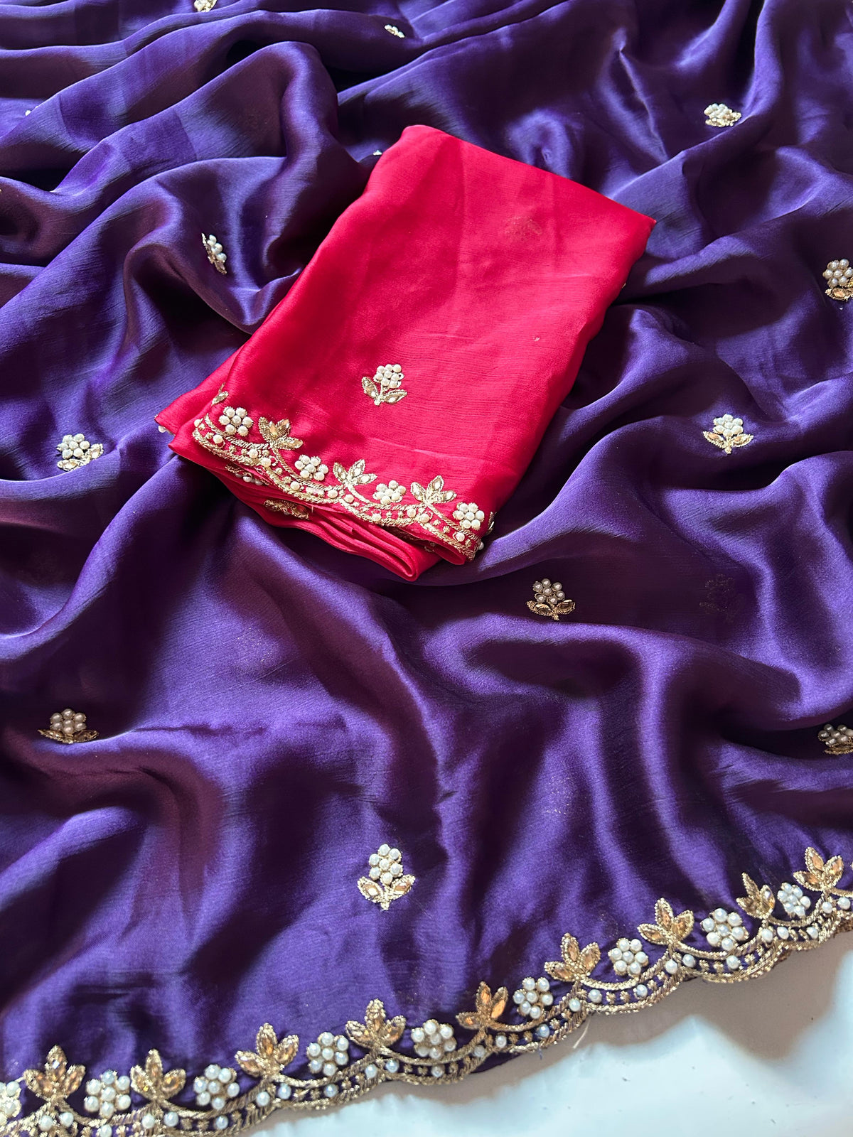 New Crush Chiffon Silk Embroidery n Diamond Work Partywear Fancy Designer Saree With Blouse