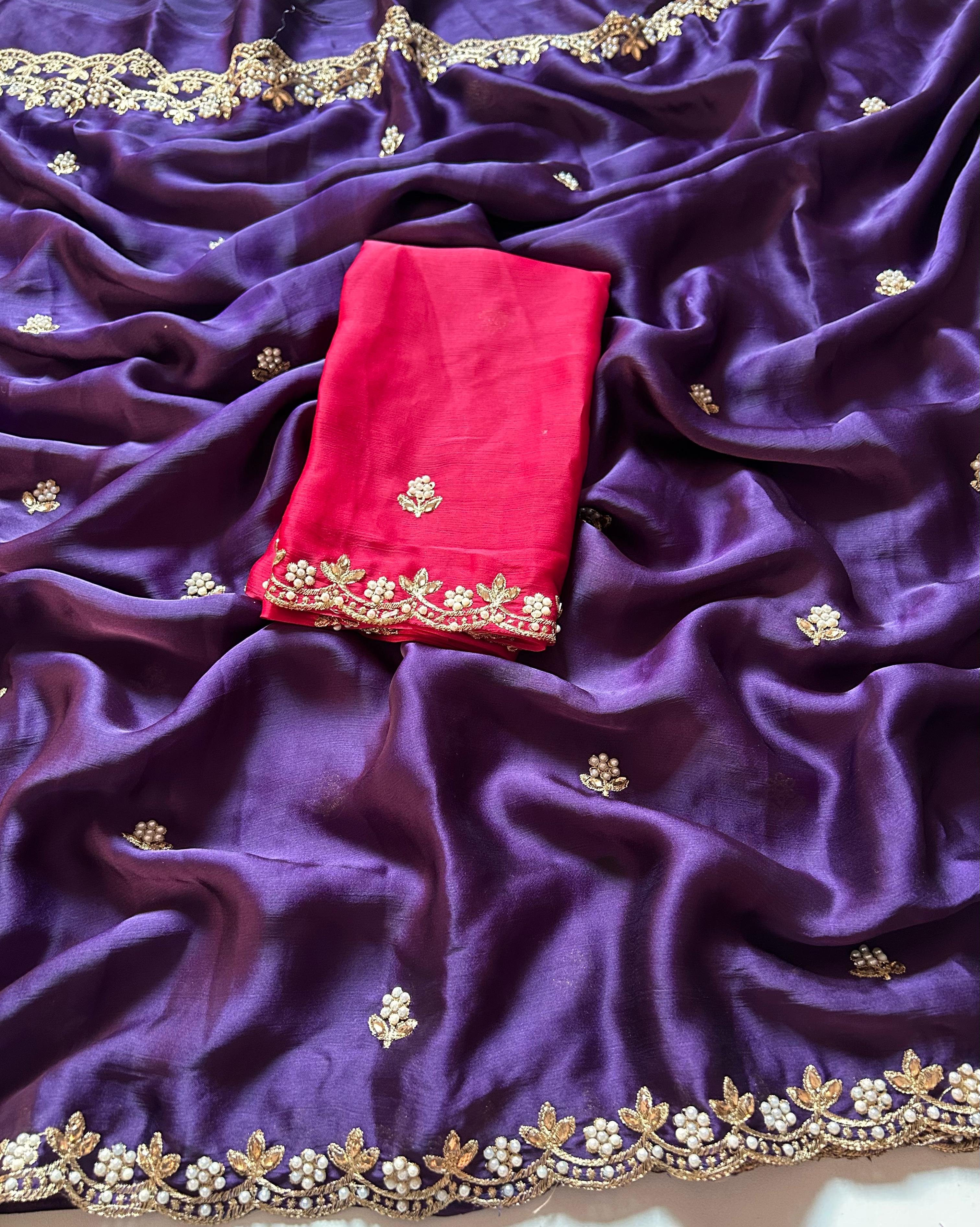 New Crush Chiffon Silk Embroidery n Diamond Work Partywear Fancy Designer Saree With Blouse