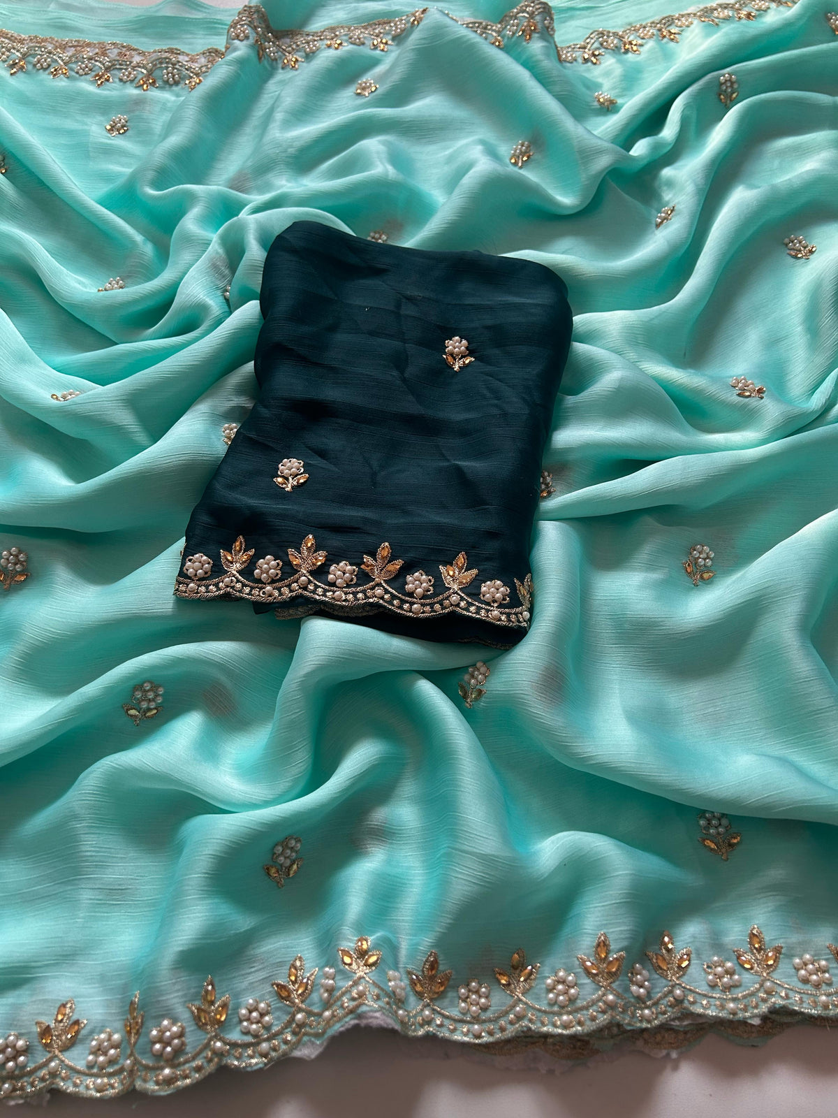 New Crush Chiffon Silk Embroidery n Diamond Work Partywear Fancy Designer Saree With Blouse