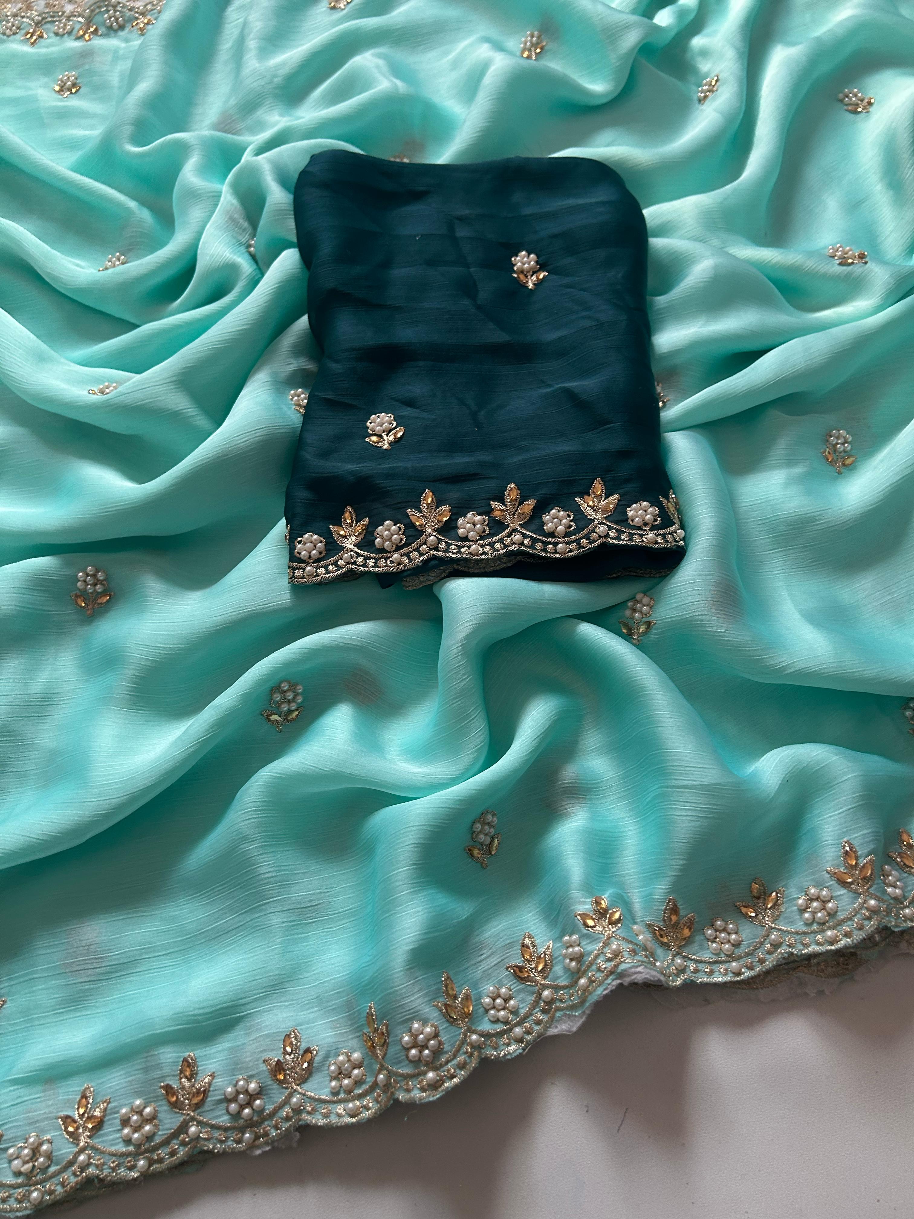 New Crush Chiffon Silk Embroidery n Diamond Work Partywear Fancy Designer Saree With Blouse
