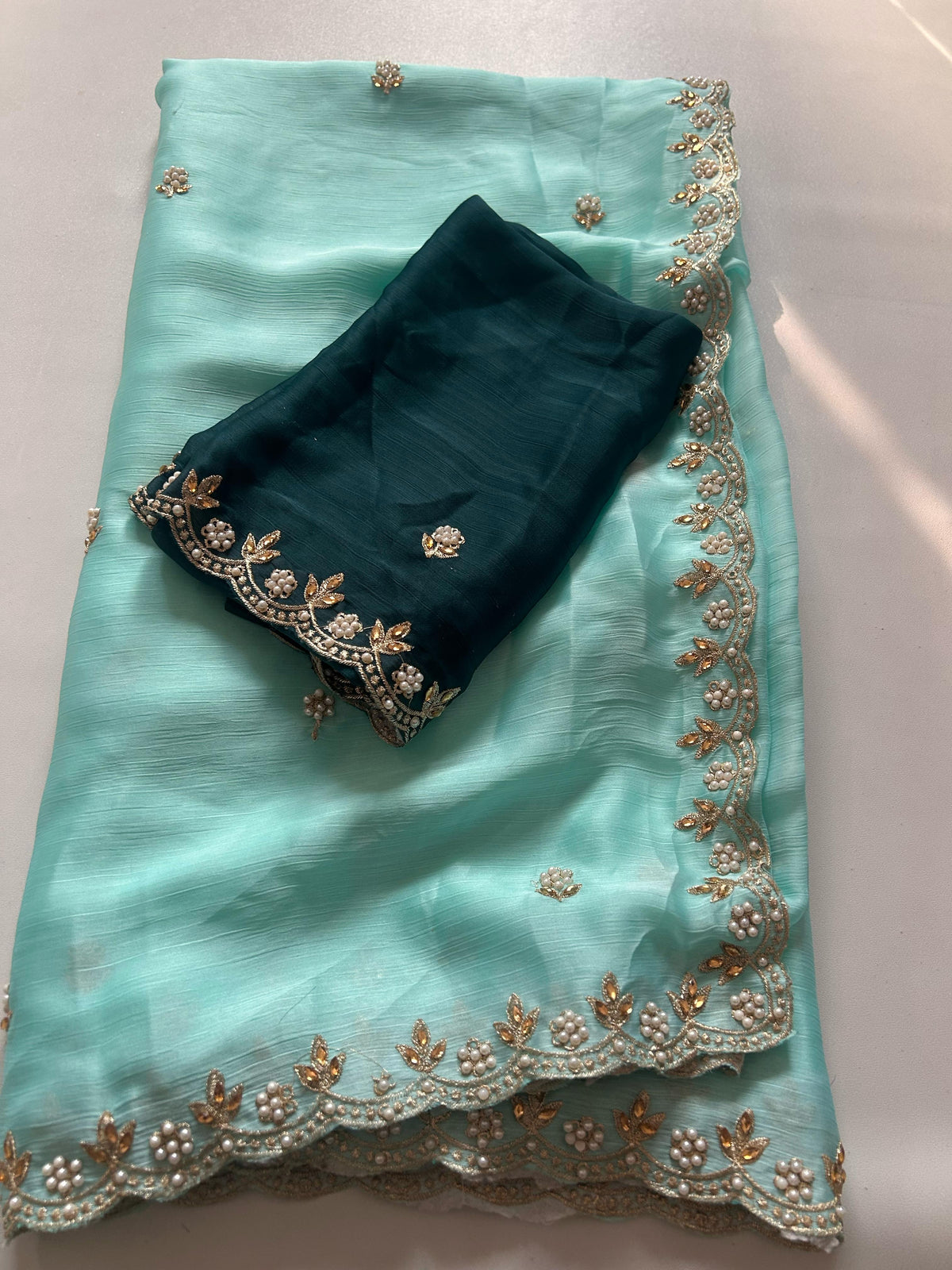 New Crush Chiffon Silk Embroidery n Diamond Work Partywear Fancy Designer Saree With Blouse