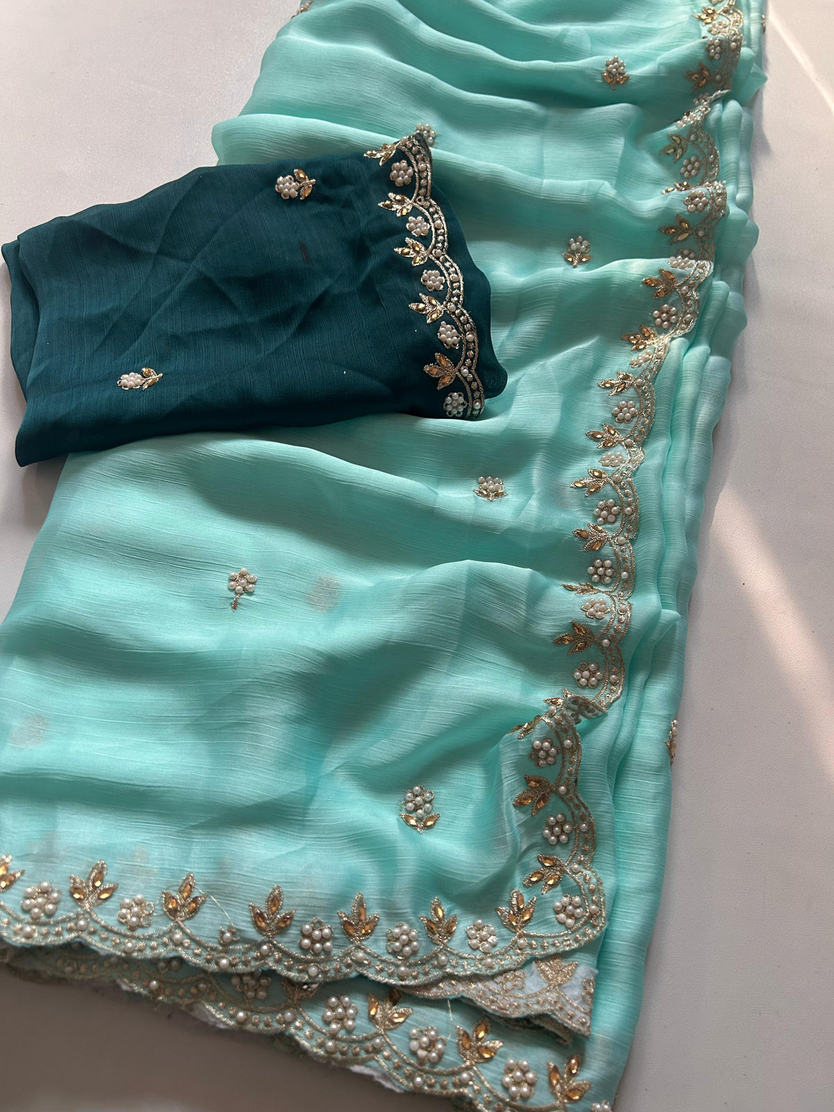 New Crush Chiffon Silk Embroidery n Diamond Work Partywear Fancy Designer Saree With Blouse