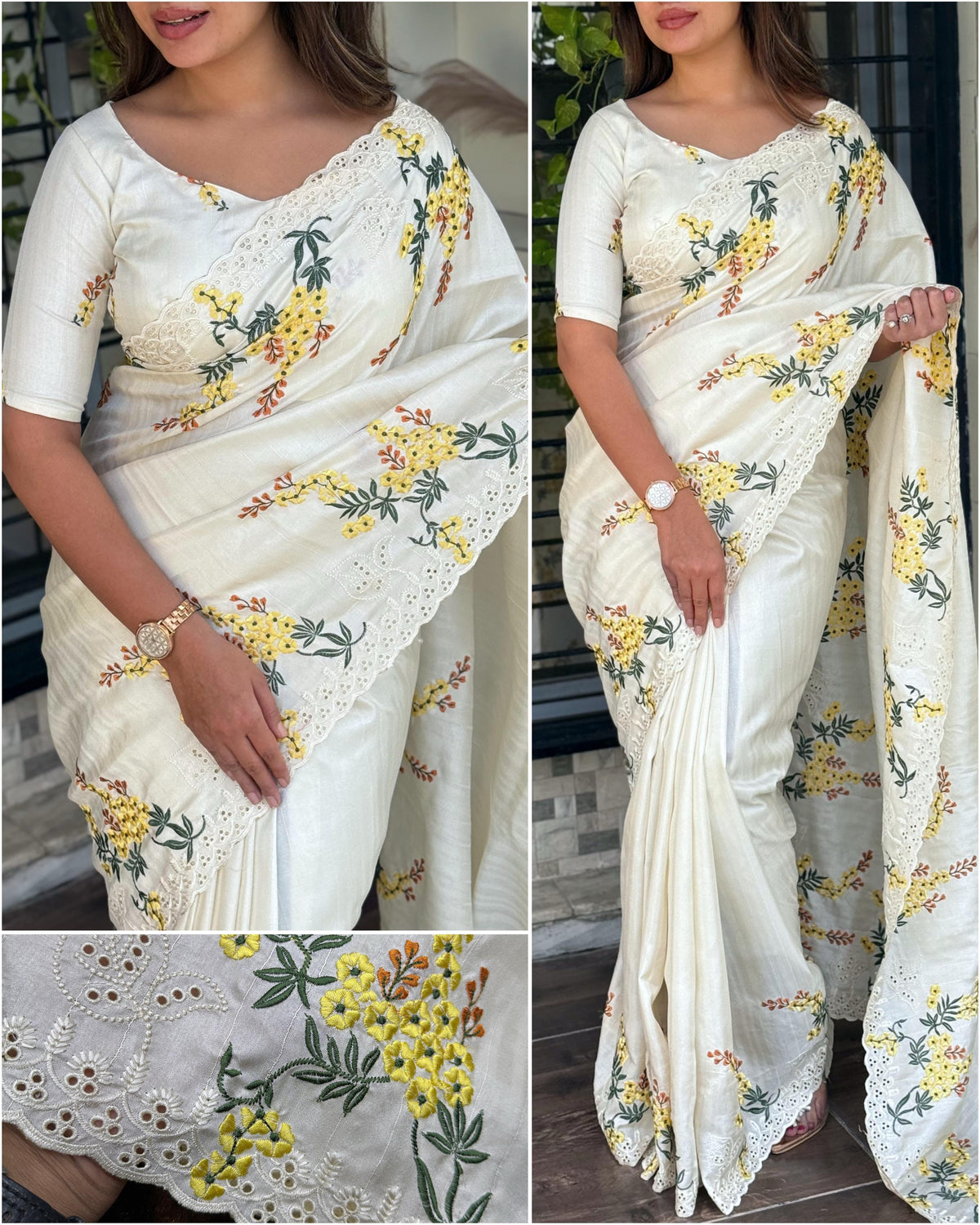 New Tussar Cotton Embroidery With Cut Work Festive Wear Fancy Designer Saree With Blouse