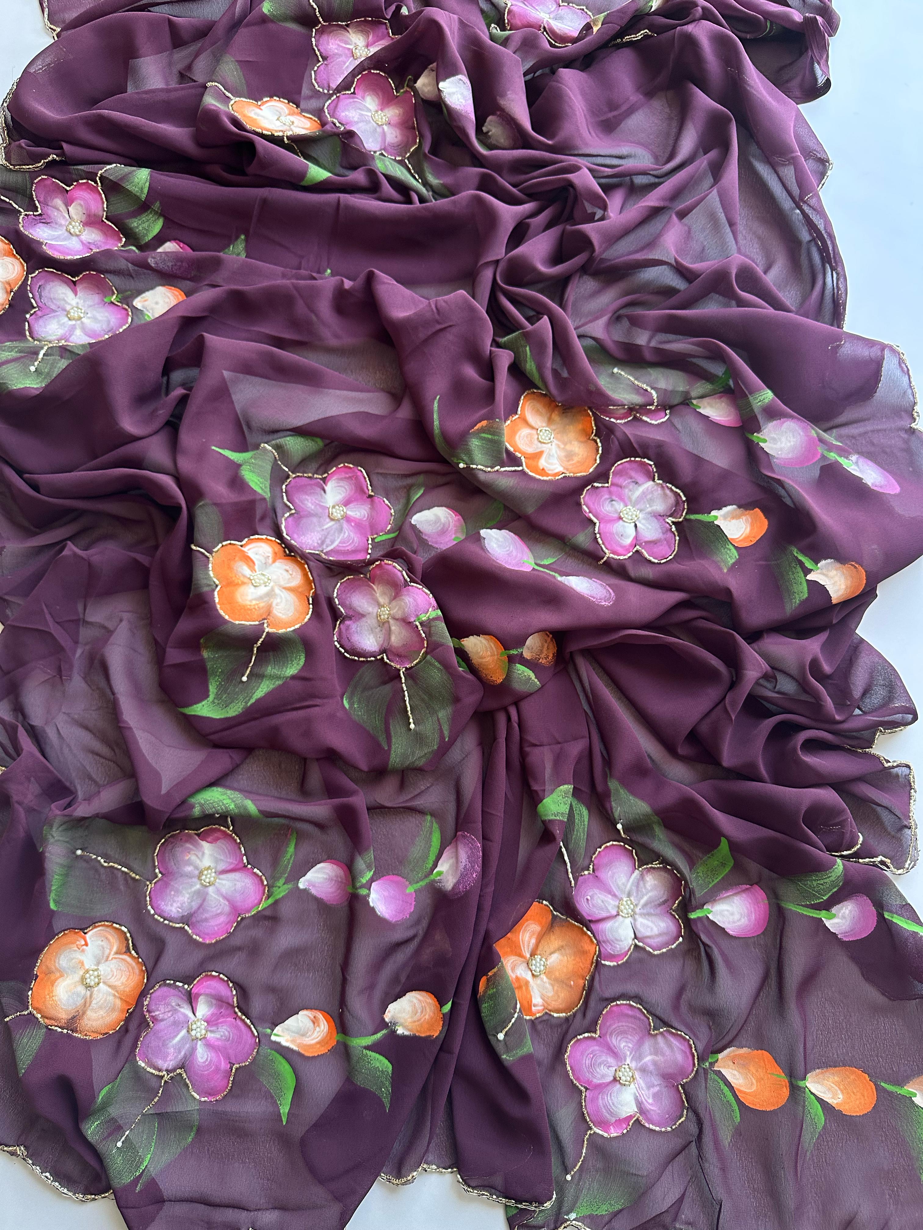 Faux Georgette Fancy Designer Hand Work n Hand Paint Work Fancy Designer Wedding Wear Saree With Blouse