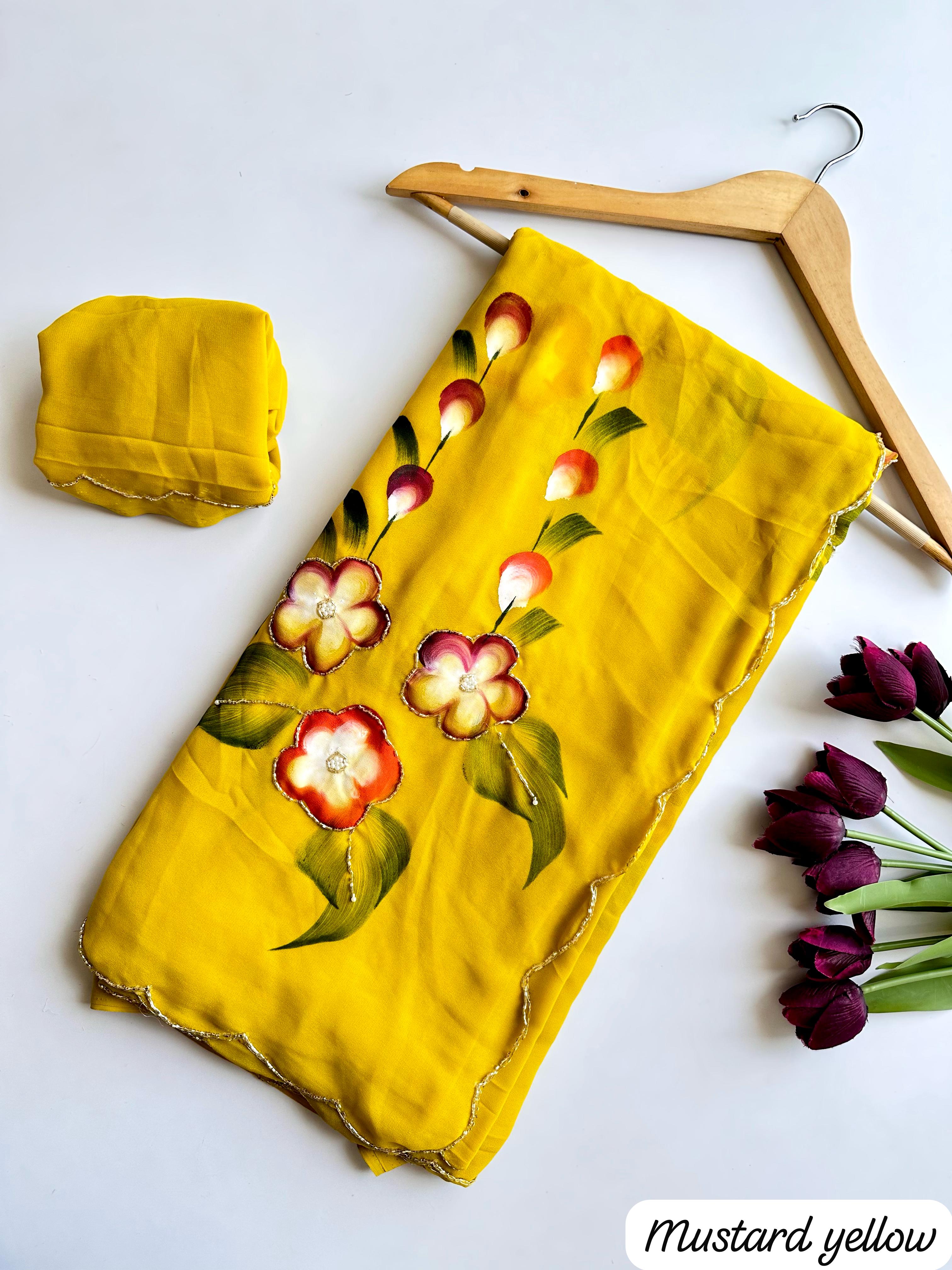 Faux Georgette Fancy Designer Hand Work n Hand Paint Work Fancy Designer Wedding Wear Saree With Blouse