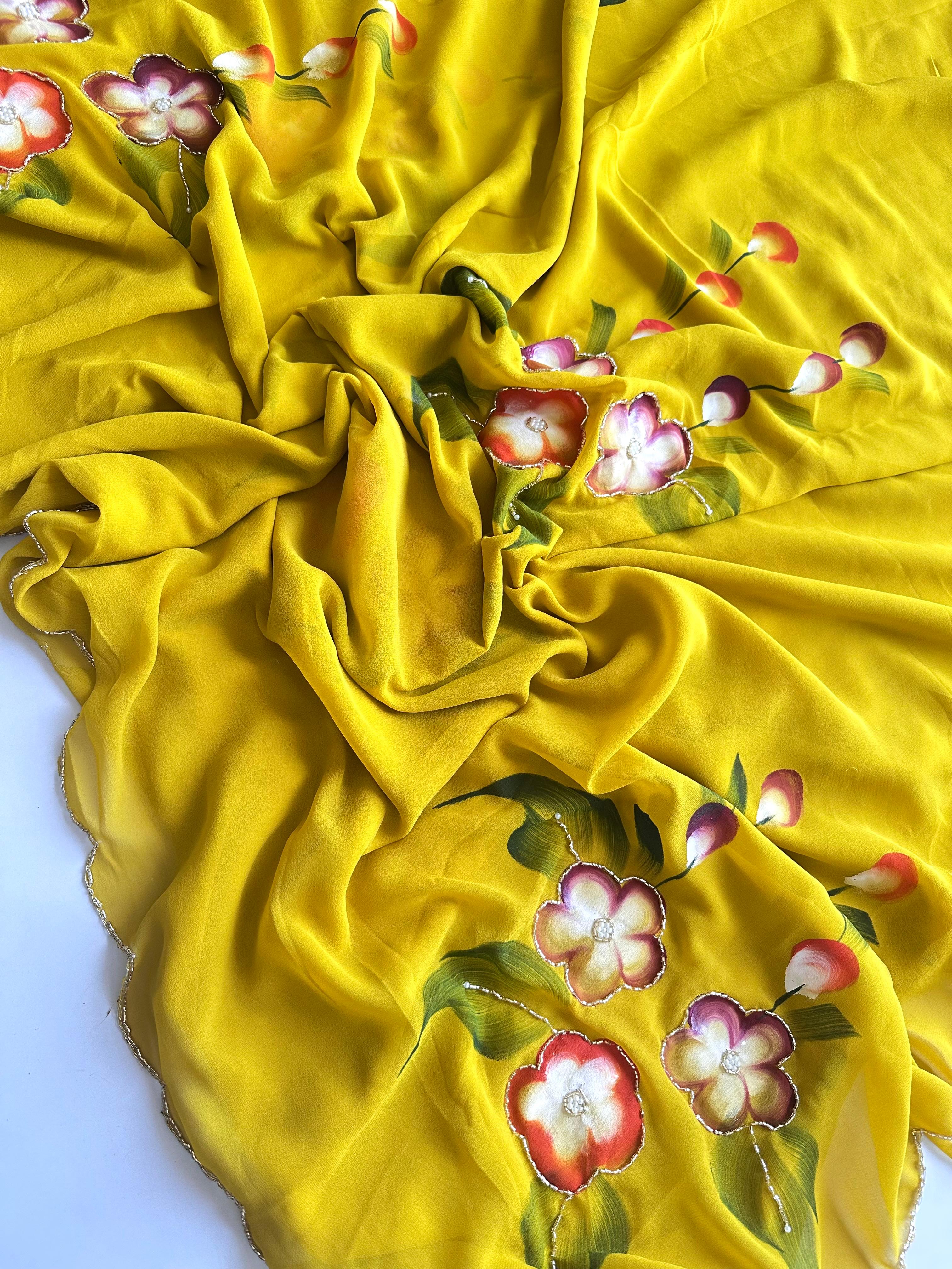Faux Georgette Fancy Designer Hand Work n Hand Paint Work Fancy Designer Wedding Wear Saree With Blouse