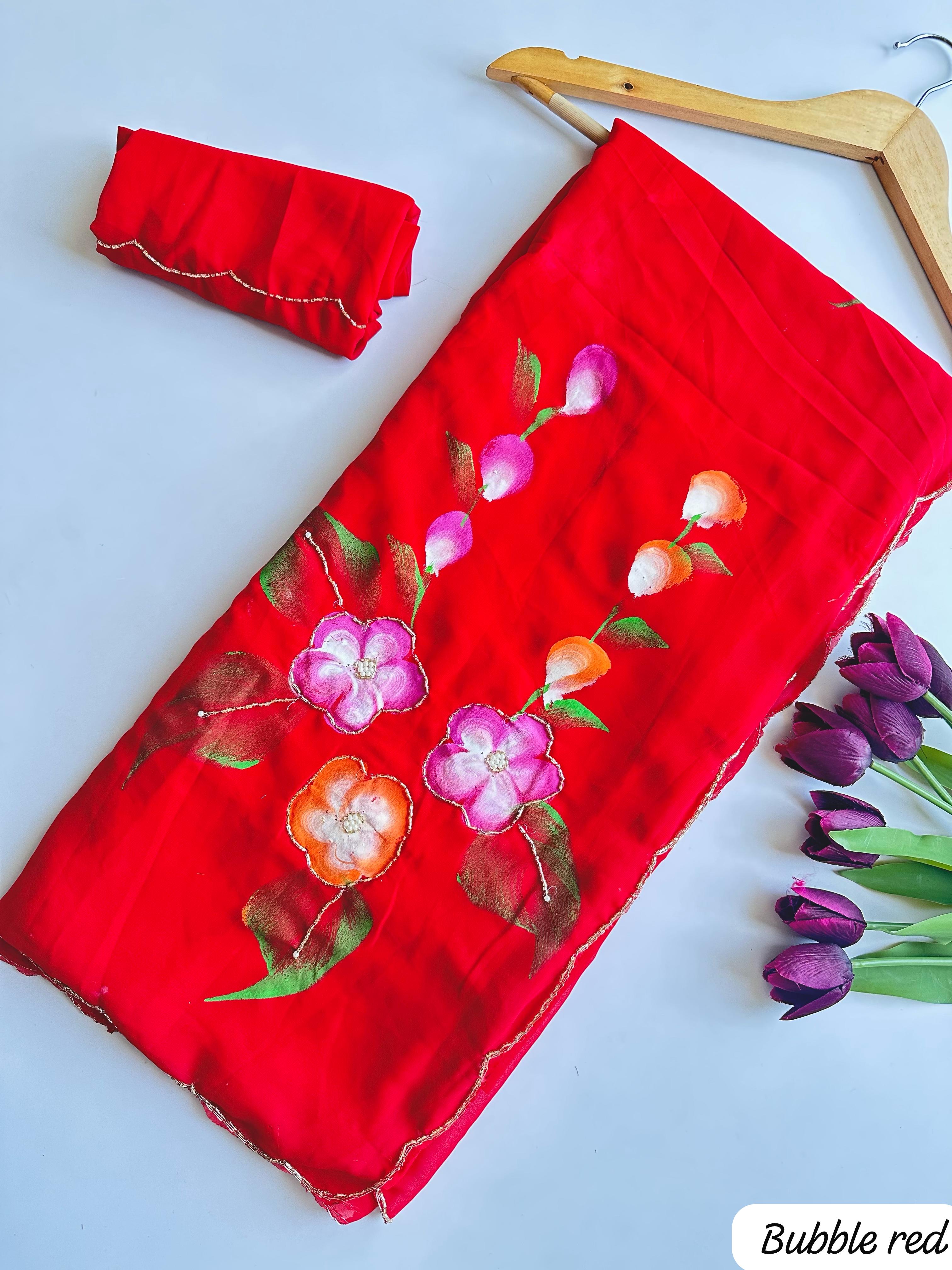 Faux Georgette Fancy Designer Hand Work n Hand Paint Work Fancy Designer Wedding Wear Saree With Blouse