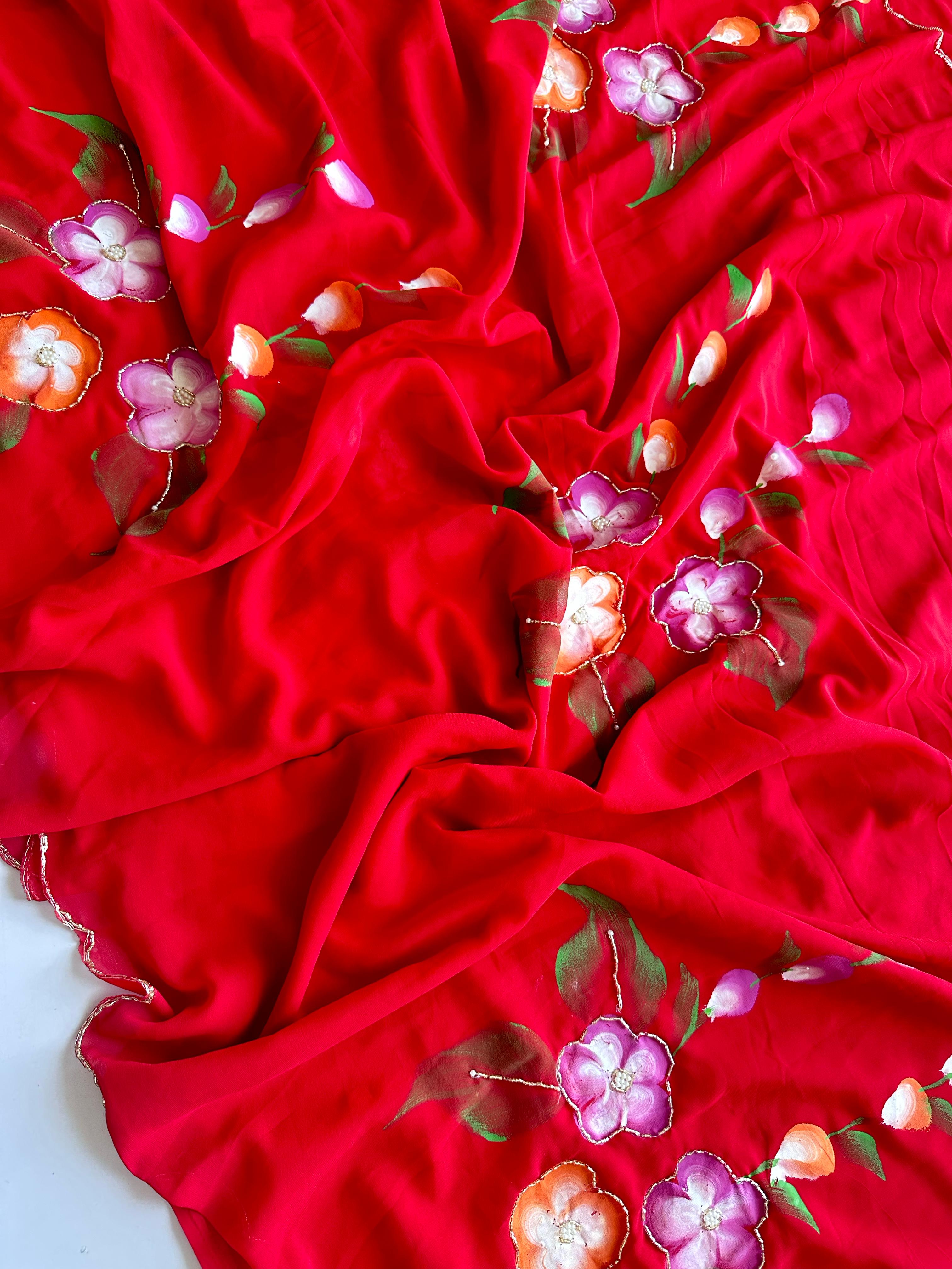 Faux Georgette Fancy Designer Hand Work n Hand Paint Work Fancy Designer Wedding Wear Saree With Blouse