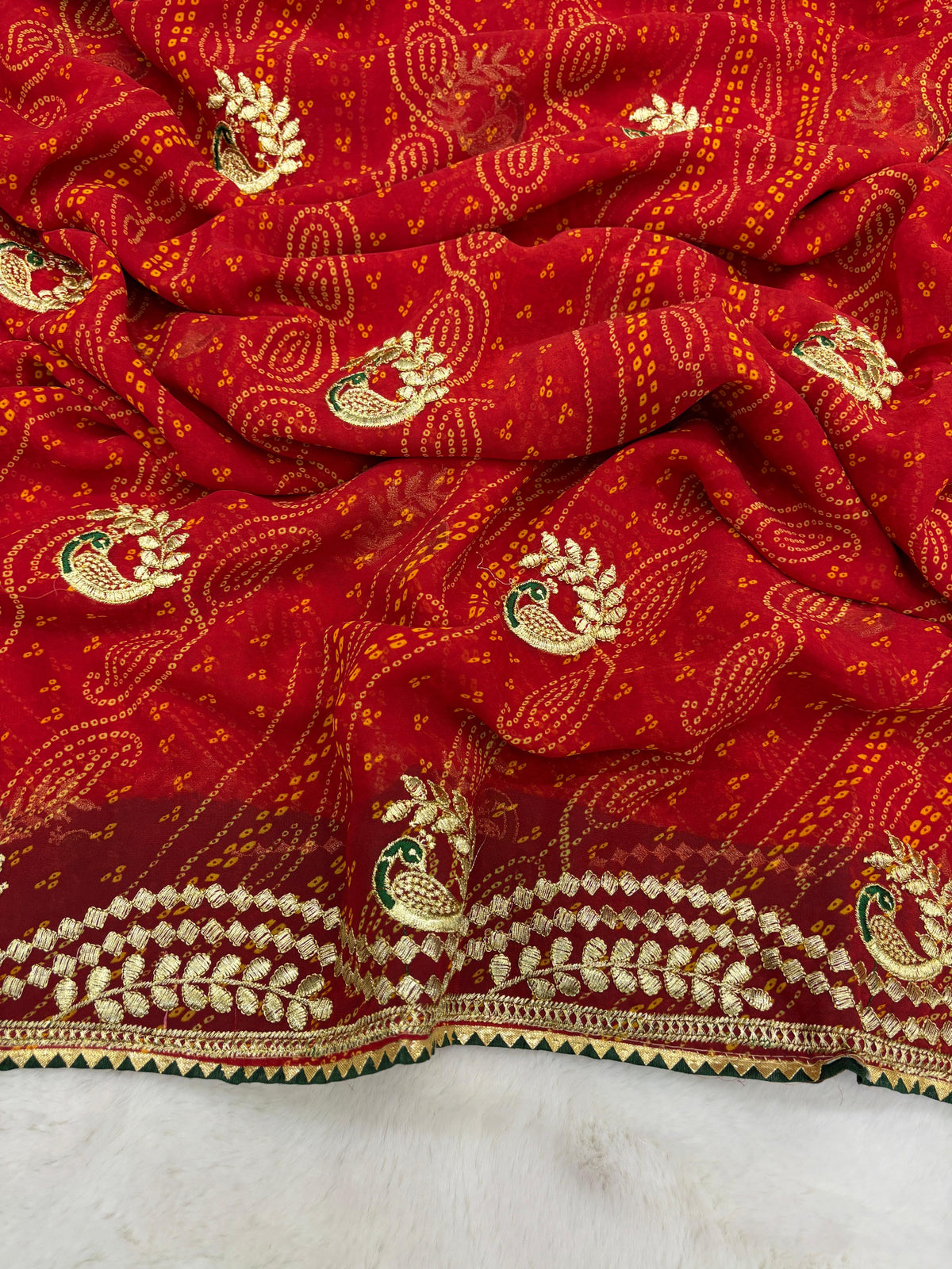 New Wedding Wear Red Color Georgette Bandhani Print With Embroidery Work Fancy Designer Saree