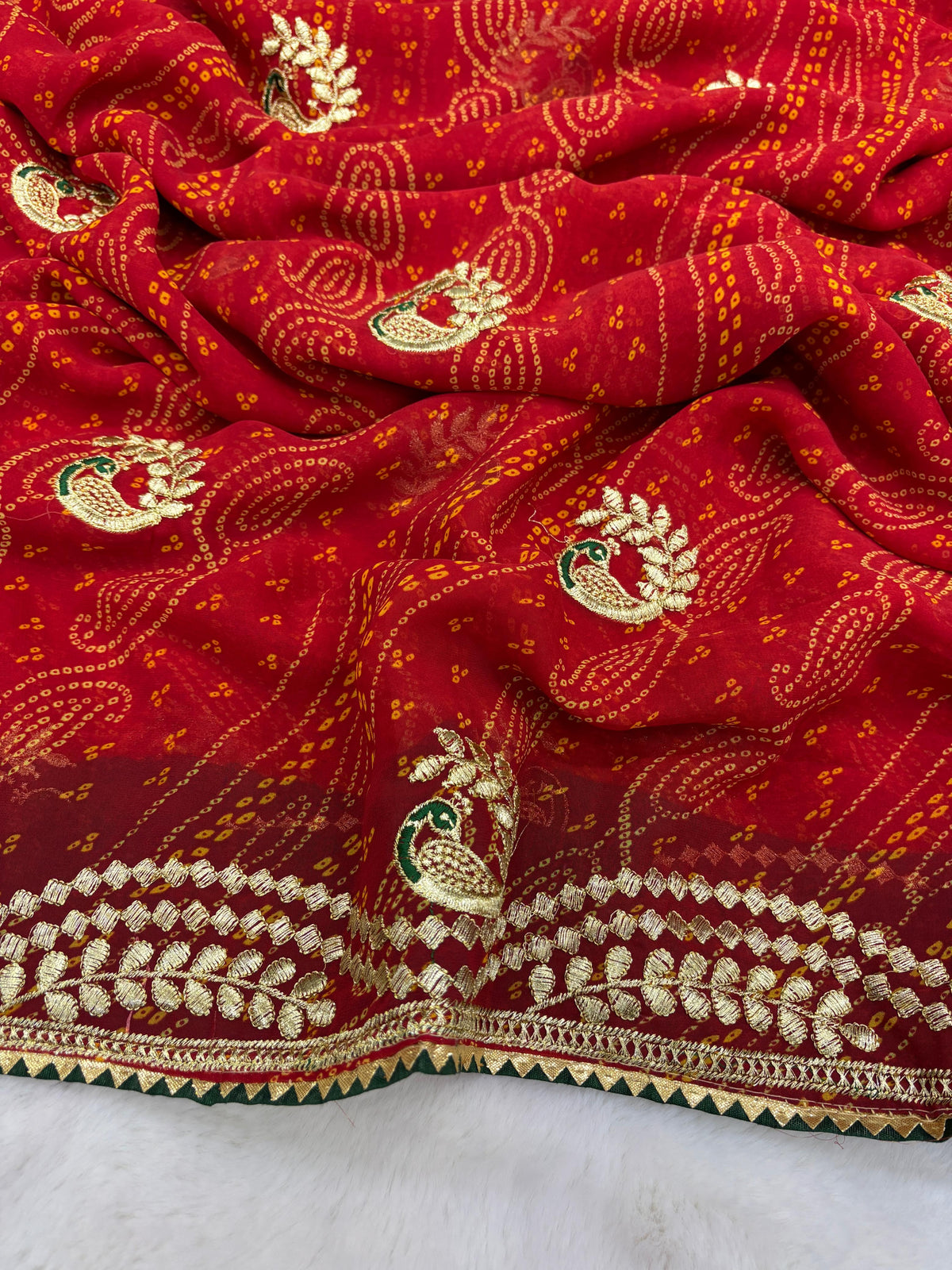New Wedding Wear Red Color Georgette Bandhani Print With Embroidery Work Fancy Designer Saree