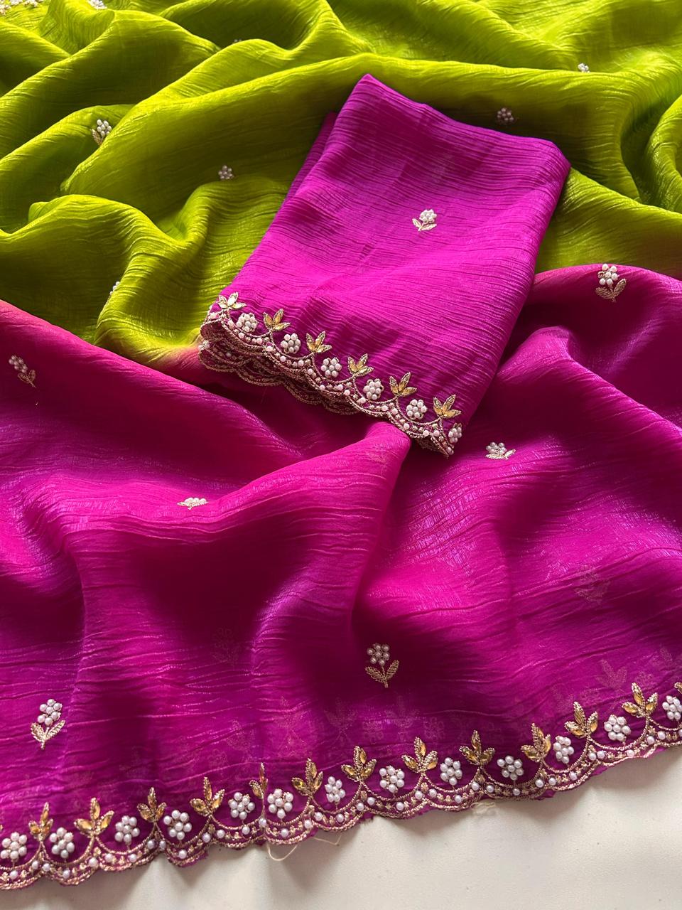 New Pedding Color Crunchy Chiffon Silk With Beautiful Embroidery n Cut Work Partywear Fancy Designer Saree
