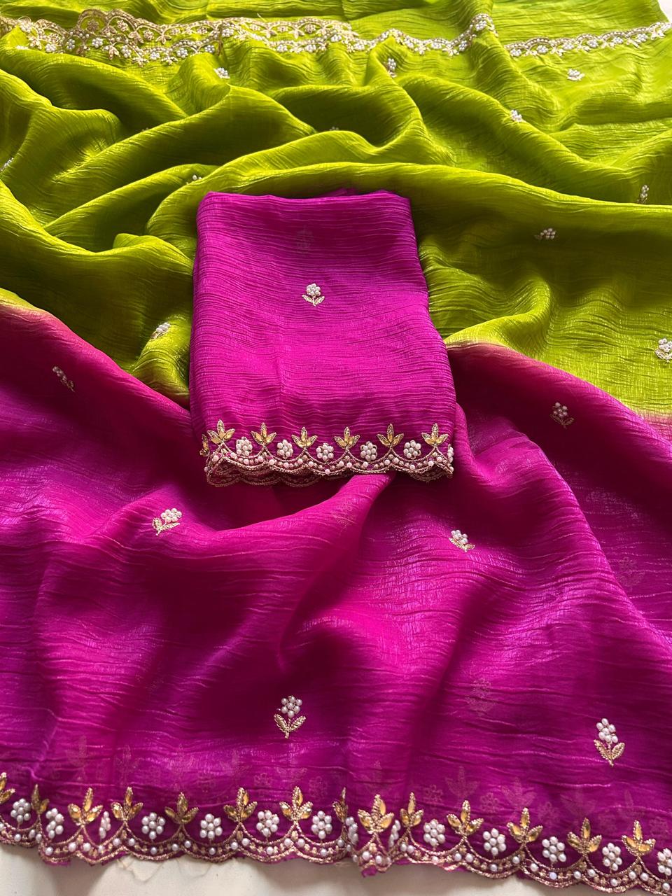 New Pedding Color Crunchy Chiffon Silk With Beautiful Embroidery n Cut Work Partywear Fancy Designer Saree
