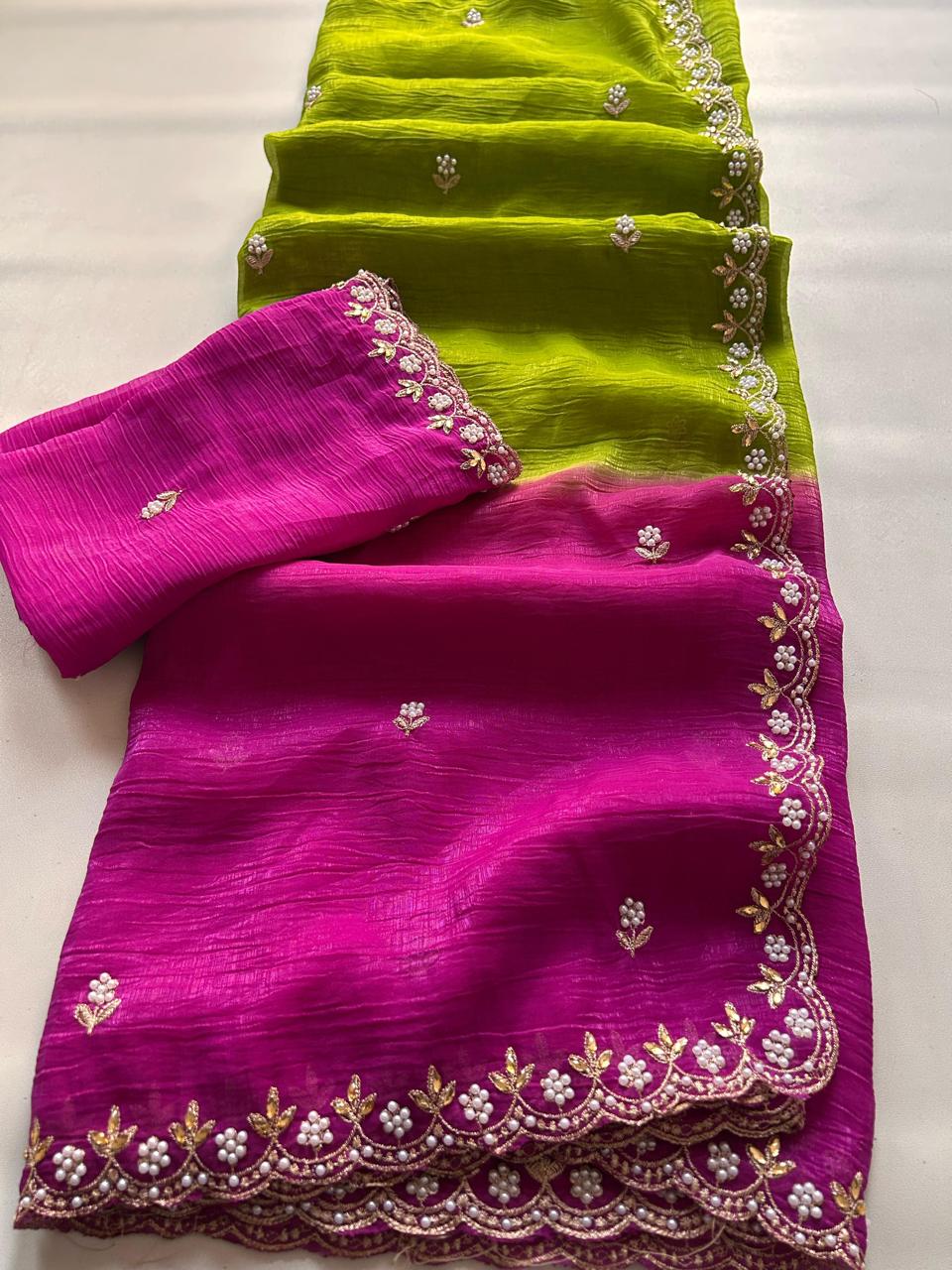 New Pedding Color Crunchy Chiffon Silk With Beautiful Embroidery n Cut Work Partywear Fancy Designer Saree