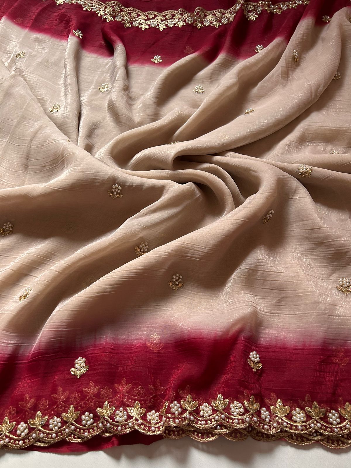 New Beige Color Crunchy Chiffon Silk With Beautiful Embroidery n Cut Work Partywear Fancy Designer Saree