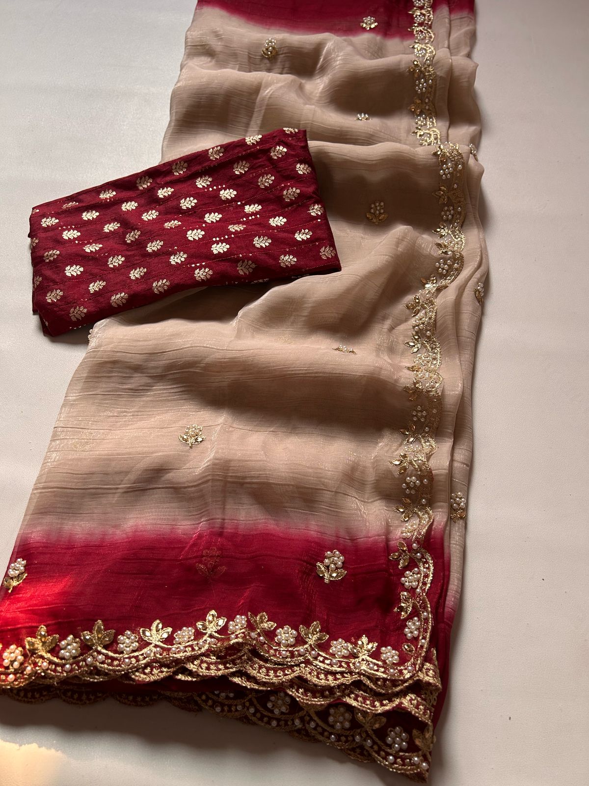 New Beige Color Crunchy Chiffon Silk With Beautiful Embroidery n Cut Work Partywear Fancy Designer Saree
