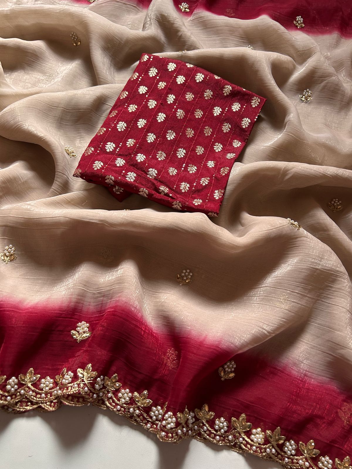 New Beige Color Crunchy Chiffon Silk With Beautiful Embroidery n Cut Work Partywear Fancy Designer Saree