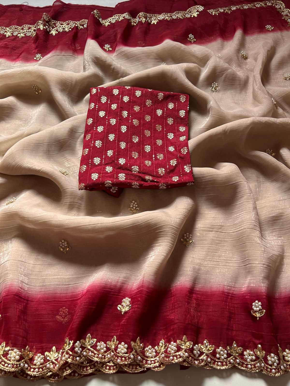 New Beige Color Crunchy Chiffon Silk With Beautiful Embroidery n Cut Work Partywear Fancy Designer Saree