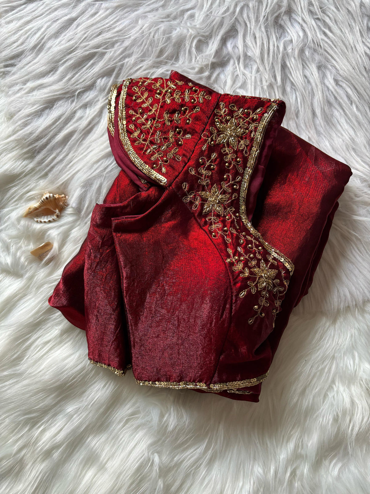 New Partywear Red Color Silk Fabric Fancy Designer Saree With Hand Work Cutt Dana Work Stitched Blouse