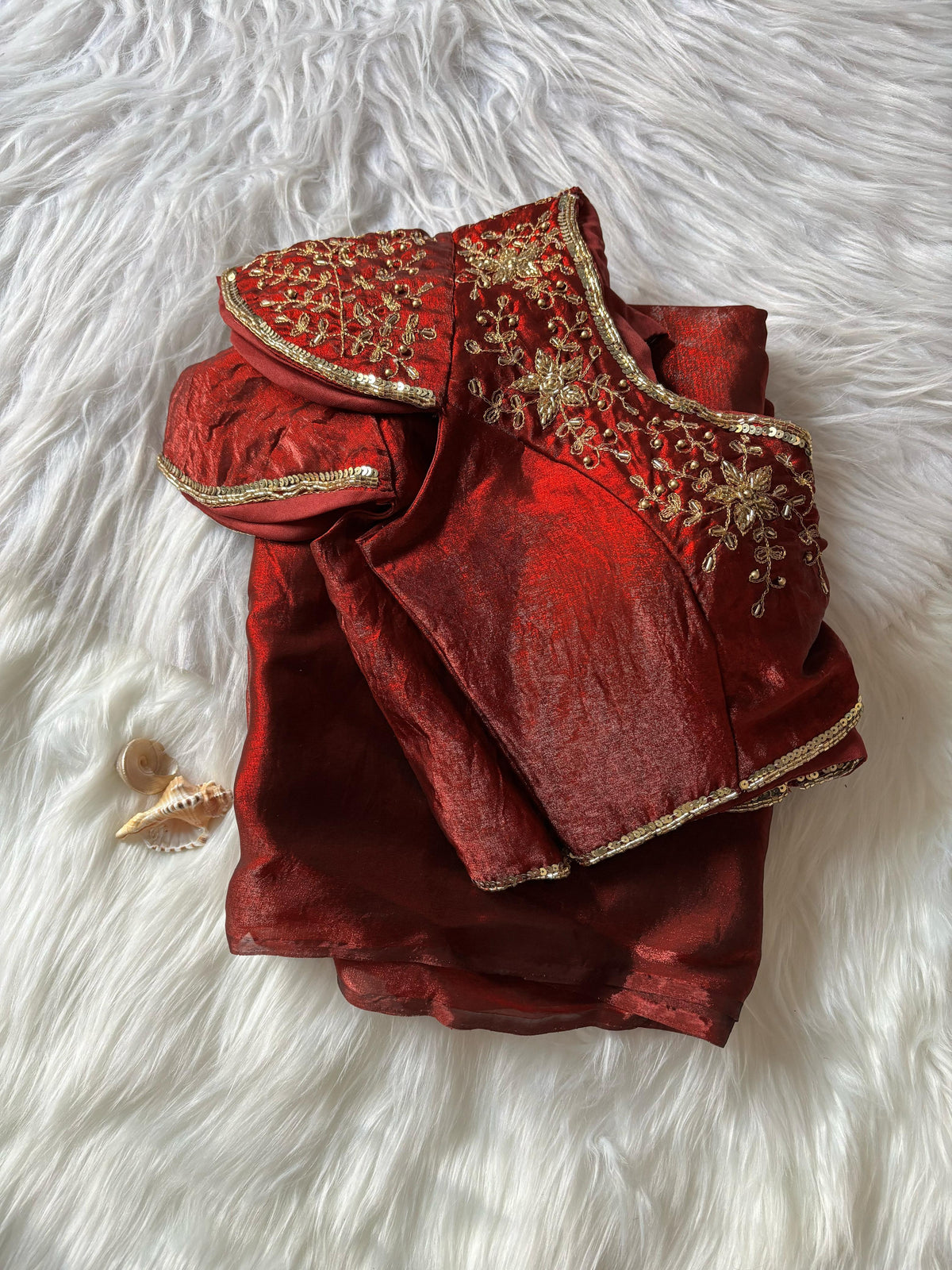 New Partywear Red Color Silk Fabric Fancy Designer Saree With Hand Work Cutt Dana Work Stitched Blouse