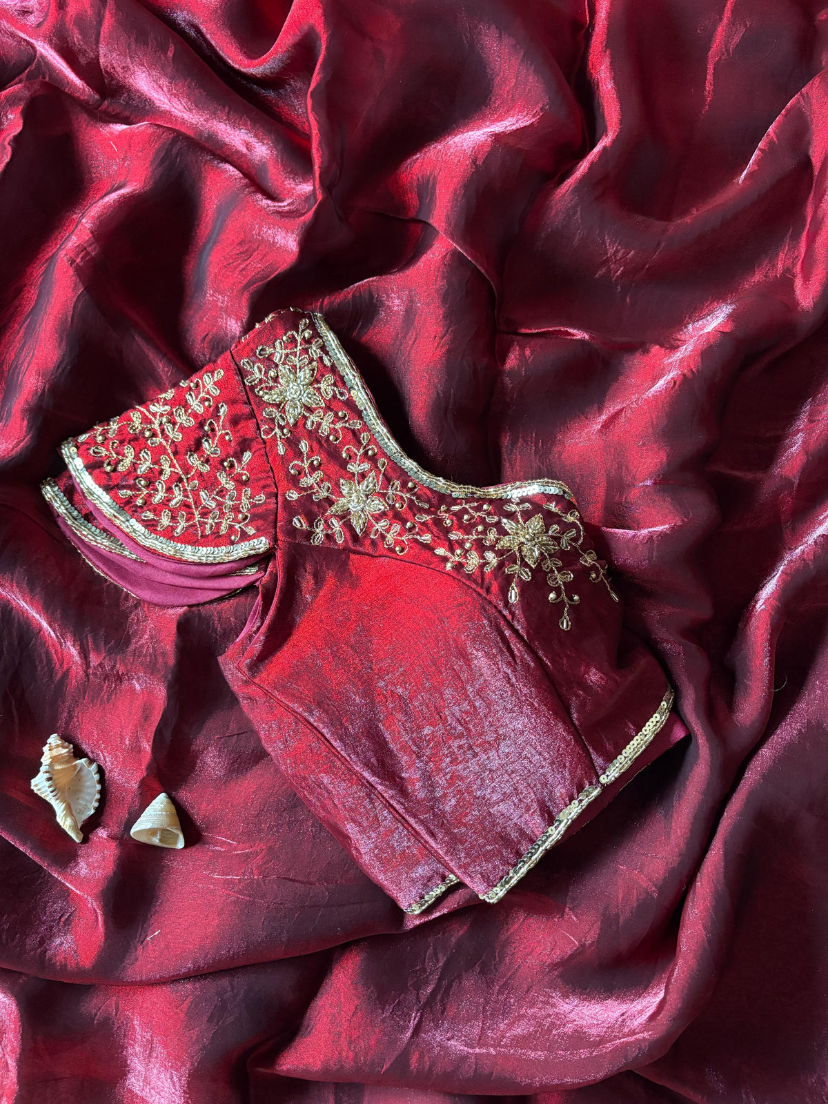New Partywear Red Color Silk Fabric Fancy Designer Saree With Hand Work Cutt Dana Work Stitched Blouse