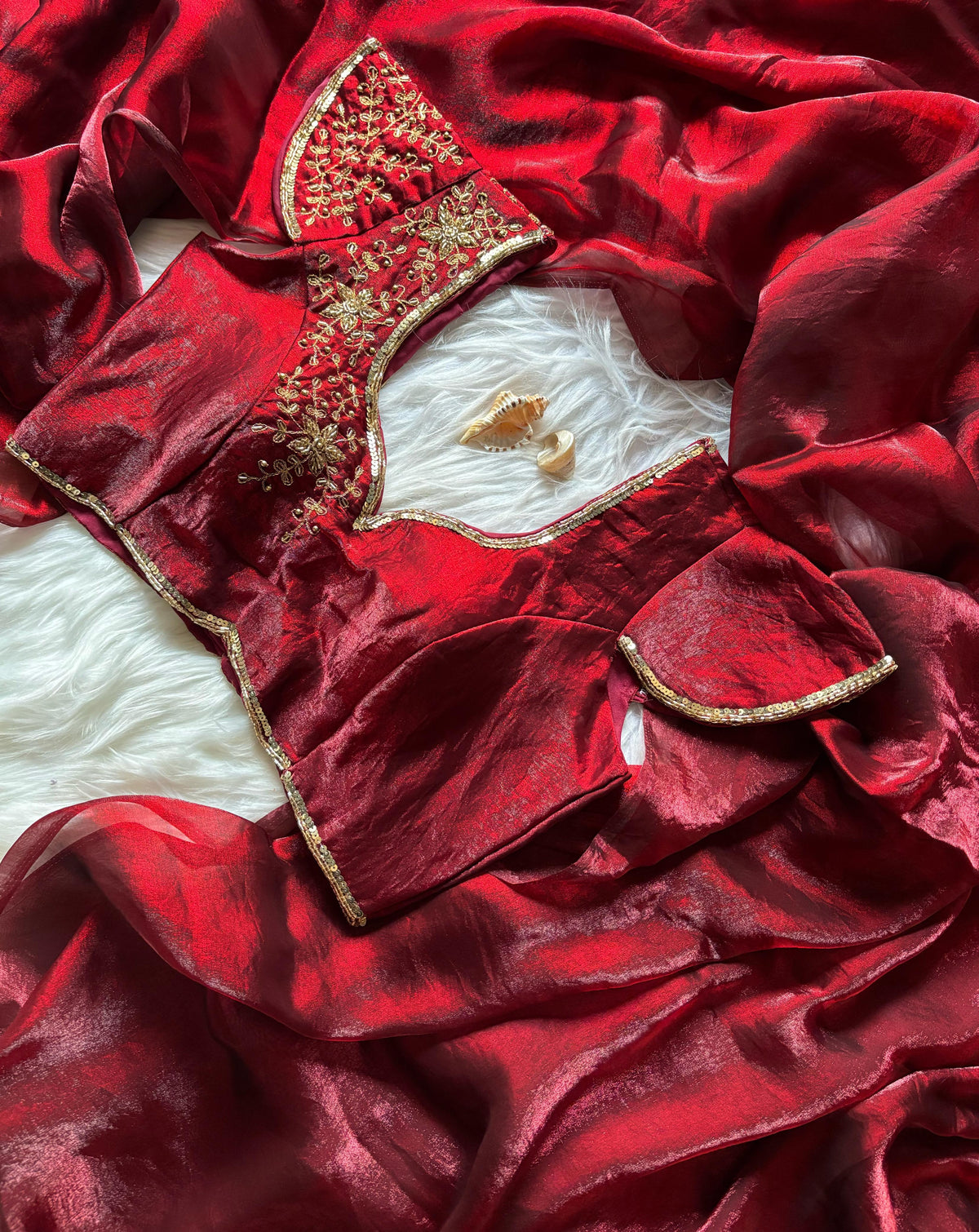 New Partywear Red Color Silk Fabric Fancy Designer Saree With Hand Work Cutt Dana Work Stitched Blouse