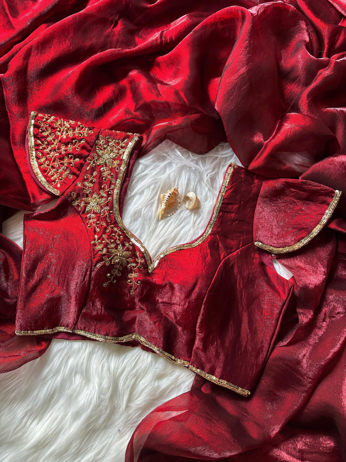 New Partywear Red Color Silk Fabric Fancy Designer Saree With Hand Work Cutt Dana Work Stitched Blouse