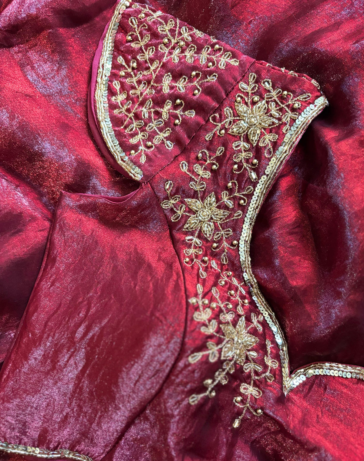 New Partywear Red Color Silk Fabric Fancy Designer Saree With Hand Work Cutt Dana Work Stitched Blouse
