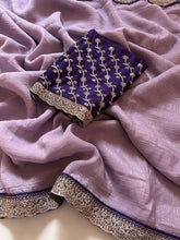 Load image into Gallery viewer, New Crunchy Crush Silk Beautiful Embroidery n Sequence Border Work Facny Desginer Partywear Saree With Heavy Work Blouse

