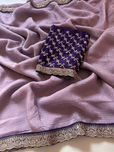 Load image into Gallery viewer, New Crunchy Crush Silk Beautiful Embroidery n Sequence Border Work Facny Desginer Partywear Saree With Heavy Work Blouse
