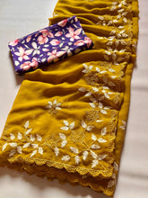 Load image into Gallery viewer, Partywear Georgette Mustard Color Embroidered Border Work Fancy Designer Saree With Blouse
