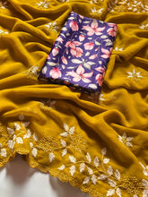 Load image into Gallery viewer, Partywear Georgette Mustard Color Embroidered Border Work Fancy Designer Saree With Blouse

