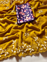 Load image into Gallery viewer, Partywear Georgette Mustard Color Embroidered Border Work Fancy Designer Saree With Blouse
