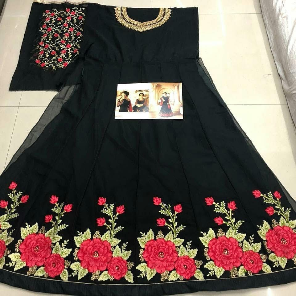 New Festive Wear Black Color Georgette Embroidery Long Anarkali Gown With Duppta