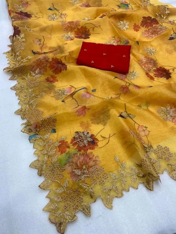 Partywear Yellow Colour Organza Silk Embroidered Work Fancy Designer Saree With Blouse